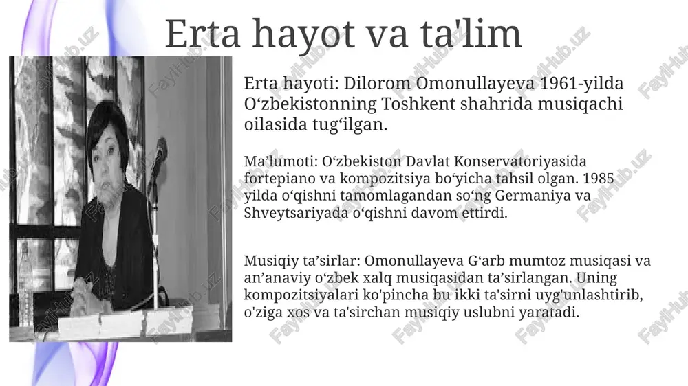 ib, ko‘pchilikning olqishiga sazovor bo‘ldi. uning murakkab personajlarning nozik tomonlarini chuqurlik va haqiqiylik bilan etkazish qobiliyati butun dunyo bo'ylab tanqidchilar tomonidan maqtovga sazovor bo'ldi. e’tiborli mukofotlar: dilorom omonullayevaomonullayevaning beqiyos iste’dodi nufuzli mukofotlar bilan taqdirlandi. u ko‘plab mukofotlarni qo‘lga kiritdi, jumladan, toshkent xalqaro kinofestivalida “eng yaxshi ayol roli” mukofoti va yerevan xalqaro kinofestivalida “eng yaxshi ayol roli” uchun “oltin o‘rik” mukofoti. xalqaro e’tirof: dilorom omonullayevaomonullayeva ijodi xalqaro e’tirofga sazovor bo‘lib, o‘z iste’dodini o‘z mamlakati chegaralaridan tashqarida ham namoyon etdi. u turli xalqaro spektakllarda ishtirok etgan va jahon sahnalarida o‘z chiqishlari bilan tanqidchilarning olqishiga sazovor bo‘lgan. mukofotlar va e'tirof hamdoʻstlikning yorugʻlik nuqtasi mukofoti (2020): tojikistonda ayollar huquqlari va taʼlimini himoya qilishdagi fidoyiligi uchun taqdirlangan. youth change maker mukofoti (2019): markaziy osiyoda yoshlarning imkoniyatlarini kengaytirish va tinchlikni mustahkamlashga qoʻshgan hissasi uchun tan olingan. birlashgan millatlar tashkilotining global maqsadlar mukofoti (2021): inklyuzivlikni targ'ib qilish va marginallashgan jamoalarning imkoniyatlarini kengaytirishdagi innovatsion faoliyati uchun olingan. shaxsiy …