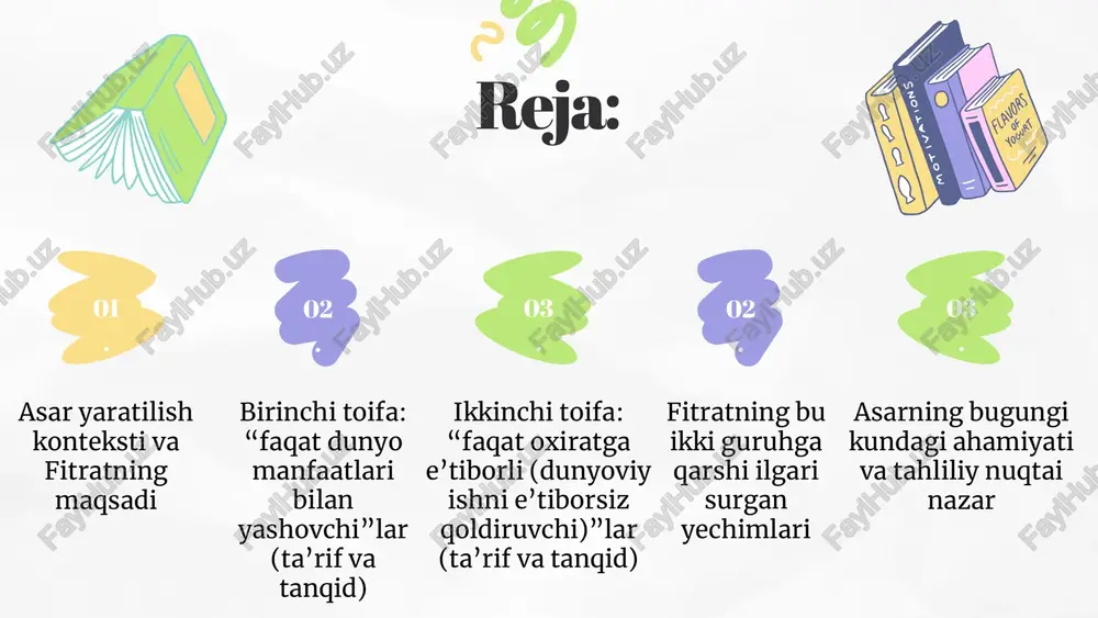 soblaydi. ularning mavjudligi mehnat va bilimga asoslangan jamiyat qurilishiga to‘sqinlik qiladi — shuning uchun muallif ularni ma’rifat va faoliyat orqali «qutqarish» lozimligini ta’kidlaydi. birinchi toifa: “faqat dunyo manfaatlari bilan yashovchi”lar (ta’rif va tanqid) ikkinchi toifa: “faqat oxiratga e’tiborli (dunyoviy ishni e’tiborsiz qoldiruvchi)”lar (ta’rif va tanqid) “asar sarlavhasidagi ‘she’r mubolag’asi’ tushunchasi furqat uchun markaziydir. u mubolag‘ani — she’rda real hayotdan chetlashmay, balki uni yanada kuchaytirib, tasvirni dramatik va estetik jihatdan oshirib beruvchi san’at shakli deb ko‘rgan. ammo furqat bu san’at shaklini tanqid qiladi — u mubolag‘aning chegaralari haqida ogohlantiradi: oshirma tasvirlar haqiqatga xizmat qilishi, jamiyatga ma’no berishi kerak. asarda she’r mubolag‘asi orqali san’atning o‘zgarishi, estetik va ijtimoiy funktsiyasi, shoirning ichki dunyosi va tashqi haqiqat o‘rtasidagi munosabat ko‘rib chiqiladi. fitratning bu ikki guruhga qarshi ilgari surgan yechimlari fitratning asosiy yechimlari — ma’rifat, poklik, mehnat va mas’uliyat: ta’lim va ma’rifat orqali birinchi guruhni faoliyatga va foydali ishga yo‘naltirish mumkin. dunyo va oxirat muvozanatini …