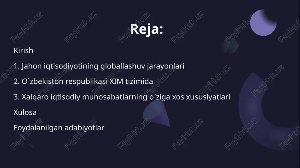 vojlanayotgan mamlakat-larni shu uyushma irodasiga bo’ysundirgan holda ushlab turishi mum-kin. hozirda bunday siyosiy kuch sifatida aqsh davlatini ko’rsatish mumkin. har yili maxsus ekspertlar tomonidan dunyo mamlakatlarining «globallashuv indeks» lari tuzib chiqiladi. jumladan, 2004 yilda a.t.kearney va foreign policy jurnali tomonidan dunyoning 64 mamlakati bo’yicha «globallashuv indeksi» e’lon qilindi. bu mamlakatlar hissasiga jahon aholisining 84%, jahon yaimning 96% to’g’ri keladi. 6 globallashuv reytingini tuzishda 4 ta asosiy parametr hisoblangan: iqtisodiy integratsiya - xalqaro savdo investitsiyalar va to’lovlar hajmi bo’yicha; shaxsiy aloqalar - xalqaro turizm va safarlar, xalqaro tele-fon so’zlashuvlari, pochta jo’natmalari va pul o’tkazmalari hajmi bo’yicha; xalqaro aloqalarni ta’minlovchi texnologiyalar – internet-dagi foydalanuvchilar, internet–serverlar soni bo’yicha; mamlakatni xalqaro siyosatga tortilganligi – davlatni xal-qaro tashkilotlarga a’zoligi, chet el elchixonalari va vakolatxona-lar soni bo’yicha. tadqiqotlar o’tkazilgan 64 davlat ichida «globallashuv indeksi» bo’yicha so’nggi 10 ta o’rinni eron, hindiston, misr, indoneziya, venesuela, xitoy, bangladesh, turkiya, keniya va braziliya kabi mam- lakatlar egalladi. o’zbekiston respublikasi …