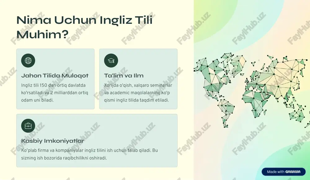 tm_source=made-with-gamma o'qish mahorati: kitob oldida barg o'qish orqali siz yangi so'zlar o'rganaserz va grammatikani tabiiy ravishda o'zlashtiraserz. kichik maqolalardan boshlang va puxta kitoblarni o'qiyberish uchun ko'tarilishni davom ettiring. birinchi bosqich: oson maqolalar bbc learning english, medium.com yoki graded readers-dan birinchi bosqich matn o'qing. har kuni 20-30 daqiqani o'qishga belgilang. ikkinchi bosqich: kitoblar birinchi harry potter, the hobbit yoki sherlock holmes-ni o'qing. siz o'rganaydigan qiziqqanli mavzularni tanlang. uchinchi bosqich: katta maqolalar guardian, bbc news yoki boshqa xalqaro yangiliklar o'qing. shunday qilib, joriy voqealar va professional til haqida bilib olasiz. https://gamma.app/?utm_source=made-with-gamma yozish mahorati: bunga boshlang nega yozish muhim? yozish orqali siz grammatika, tinish belgilari va so'zlarni to'g'ri joyiga qo'llashni mashq qilasiz. yozish ingliz tilida fikrlarni joyida ifoda qilish usuli. 01 kundalik dnevnik yozish har kuni 10-15 ta gapni o'z kunining voqealari haqida ingliz tilida yozing. 02 qisqa maqolalar siz uchun muhim mavzularda maqolalar yozing. 200-300 so'z uzunligida boshlang. 03 xato tekshiring grammarly, …