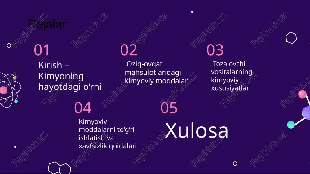 ajralmas qismi. u bizga qulaylik, tozalik va sog‘liq beradi, biroq uni ongli ravishda va me’yorda ishlatish zarur. shunda kimyo bizning do‘stimizga aylanadi. foydalanilgan adabiyotlar 1. xolmatov, t. kimyoviy termodinamika asoslari. o‘zbekiston milliy universiteti, 2021. 2. baxtiyorov, r. termokimyo va kalorimetrlar: nazariy va amaliy asoslar. o‘zbekiston fanlar akademiyasi, 2022. 3. abdullayev, a. kalorimetrik o‘lchashlar va ularning kimyoviy tadqiqotlardagi ahamiyati. kimyo va hayot jurnali, 2020. 4. tursunov, m. kimyo fanlarida termodinamika va kalorimetrik qurilmalar. toshkent davlat texnika universiteti, 2023. 5. nurmatov, f. termodinamik prosesslar va energo o'tkazish. o‘zbekiston respublikasi prezidentining ta’lim muassasalari, 2022. e'tiboringiz uchun rahmat 1.jpg 2.jpg 3.jpg /docprops/thumbnail.jpeg