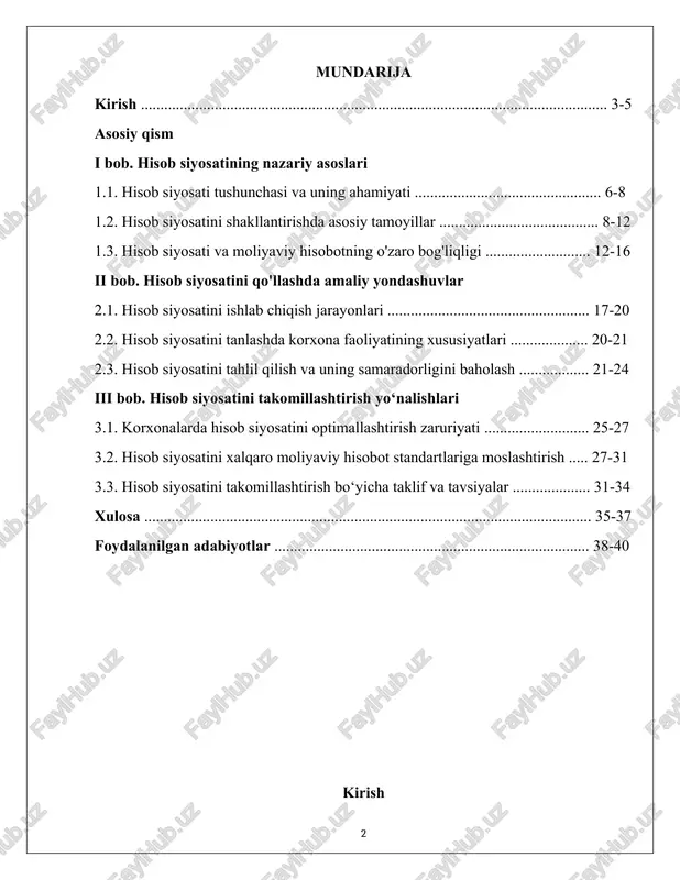 ......................................................................................... 35-37 foydalanilgan adabiyotlar ................................................................................. 38-40 kirish hisob siyosati – bu iqtisodiy va moliyaviy faoliyatning muhim bo‘laklaridan biri bo‘lib, mamlakatlarning iqtisodiy rivojlanishida, moliyaviy barqarorlikni ta’minlashda va davlatlarning iqtisodiy siyosatini shakllantirishda asosiy rol o‘ynaydi. bugungi kunda mamlakatlar uchun hisob siyosatining to‘g‘ri va samarali yuritilishi iqtisodiy barqarorlikni saqlash, iqtisodiy o‘sishni ta’minlash va davlatning moliyaviy sog‘lomligini oshirishda muhim omil hisoblanadi. bu sohada yuzaga keladigan muammolar va muhim masalalarni chuqur o‘rganish iqtisodiy siyosatni takomillashtirish, davlat va xususiy sektorlarning o‘zaro hamkorligini rivojlantirish, shuningdek, soliq va moliyaviy nazorat tizimini takomillashtirish uchun muhim ahamiyat kasb etadi. hisob siyosatini to‘g‘ri tashkil etish va rivojlantirish uchun uni ilmiy asosda tahlil qilish, amaliy tajribalarni o‘rganish va zamonaviy texnologiyalar bilan integratsiyalash muhimdir. ayniqsa, bugungi kunda global iqtisodiy sharoitlarning o‘zgarishi, moliyaviy bozorlarning dinamikasi va davlatlararo iqtisodiy aloqalarning kuchayishi hisob siyosatining dolzarbligini yanada oshirmoqda. bu sohada yuzaga keladigan muammolarni hal qilish va muvofiqlashtirish uchun yangi yondashuvlar va metodologiyalarni ishlab chiqish zarurati mavjud. shuningdek, …