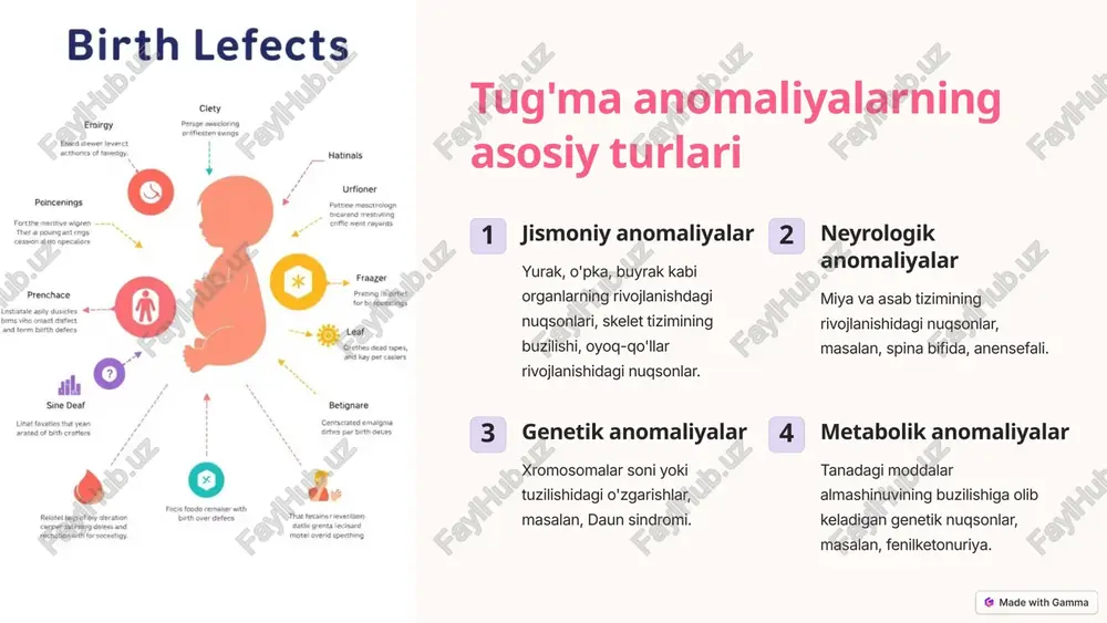 niotsentez homila suvlaridan namunalar olish va genetik anomaliyalarni aniqlash uchun ishlatiladi. koryon biopsiyasi xomilani o'rab turgan to'qimalardan namunalar olish va genetik anomaliyalarni aniqlash uchun ishlatiladi. 5 tug'ma anomaliyalarning sabablari genetik omillar ota-onadan meros bo'lib o'tgan genetik nuqsonlar. tashqi omillar homiladorlik davrida giyohvand moddalarni iste'mol qilish, chekish, spirtli ichimliklar ichish, radiatsiyaga ta'sir qilish. virusli infektsiyalar homiladorlik davrida qizamiq, sitomegalovirus kabi virusli infektsiyalar. 6 tug'ma anomaliyalarning oldini olish yo'llari homiladorlikdan oldin rejalashtirish genetik tekshiruvlar o'tkazish, sog'lom turmush tarzini olib borish. homiladorlik davrida sog'lom ovqatlanish vitaminlar va minerallarga boy ovqatlar iste'mol qilish, chekish va spirtli ichimliklarni ichishdan saqlanish. homiladorlik davrida tibbiy nazorat homiladorlik davrida muntazam ravishda shifokor nazoratidan o'tish. 7 chala tug'ilgan bolalarda buzilishlarni bartaraf etish tibbiy davolash jarrohlik amaliyotlari, dori-darmonlar, fizioterapiya. reabilitatsiya fizioterapiya, ergoterapevtik mashg'ulotlar, nutq terapiyasi. oilaviy va ijtimoiy qo'llab-quvvatlash oilaga ruhiy va amaliy yordam, qo'shimcha xizmatlar. 8 tug'ma anomaliyalarga ega bolalarni oilaviy muhitda tarbiyalash oila muhiti bolaning ijtimoiy va psixologik …