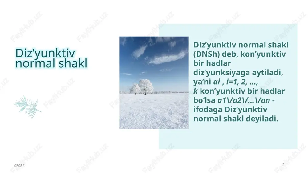 misol 2023 g. 11 11 xulosa 2023 g 12 har bir fan o’rganilar ekan u aynan qaysidir yoki bir necha tarmoqlarga foydasi tegishi sabab o’rganiladi. shu jumladan ushbu mavzu “mukammal dizyunktiv normal forma, mukammal kon’yunktiv normal forma” mavzusi ham texnika texnologiyaga doir bo’lib, ularning ishlash prinsiplarini xarakterlaydi va tushuntirib beradi. masalan, parallel o’tkazgichlarga yoki , ketma-ket o’tkazgichlarga va belgilashni ; qolgan formulalarga ham o’ziga mos belgilashni kiritib ishlash bu fan orqali juda katta mo’jizalar , yangi ixtirolar yaratish imkonini beradi. konyu’nktiv bir had, (dizyu’nktiv 1 had) bu berilgan mulohazalar yoki ularning inkorlarining dizyu’nktsiya(konyu’nktsiya)siga aytiladi. konyu’nktiv (dizyu’nktiv) normal shakl deb dizyunktiv(konyu’nktiv) 1 hadlar konyu’nksiya(dizyu’nksiya)siga aytiladi. 2023 g 13 e’tiboringiz uchun raxmat 13 image1.jpeg image2.jpeg image3.jpeg image4.jpeg image5.jpeg image6.jpg image7.png image8.png image9.jpeg