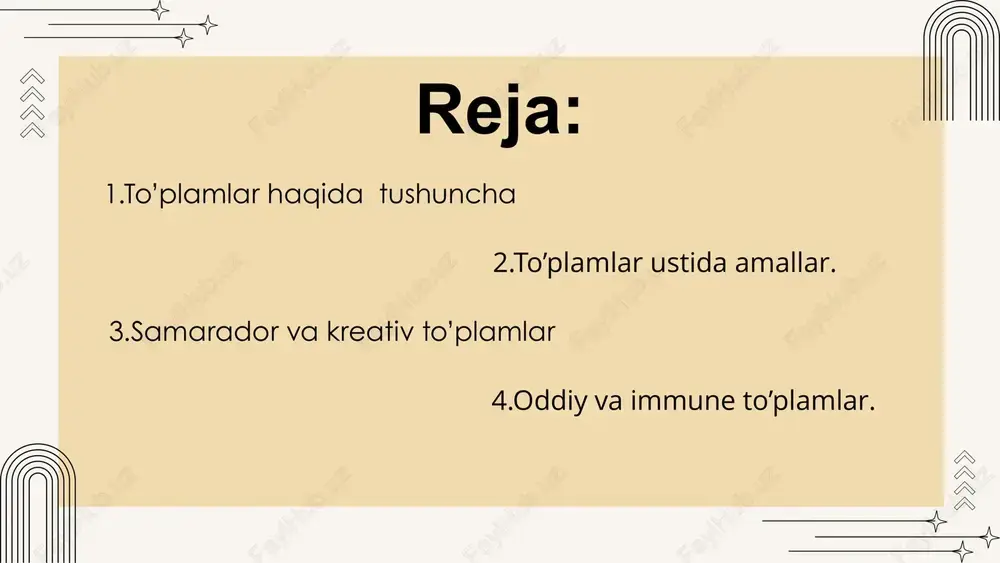 reativ deyiladi, agar u rekursiv ajralmas bo‘lib, har qanday algoritmik ravishda hosil qilinadigan pastki to‘plam barcha rekursiv to‘plamlarni o‘z ichiga olmasa. kreativ to‘plam – rekursiv ajralmas, lekin algoritmik tarzda "yangilik" yaratib bo‘lmaydigan to‘plam. xususiyatlari: rekursiv ajralmas to‘plamlarning maxsus turi. bunday to‘plamlarning inkor to‘plami cheksiz bo‘lishi kerak. misollar va qo'llanilishi misollar: natural sonlar to‘plami: . tub sonlar to‘plami, chunki tublikni tekshiruvchi algoritm mavjud. qo‘llanilishi: kompyuter fanlarida algoritmlarni optimallashtirishda ishlatiladi. agar to‘plamni tekshirish algoritmik bo‘lsa, demak u rekursiv hisoblanadi misollar: tyuring mashinasining to‘xtash muammosi bo‘yicha hal etilmaydigan to‘plamlar. qo‘llanilishi: matematik mantiq va hisoblash nazariyasida muhim. kreativ to‘plamning to‘ldiruvchisi cheksiz va rekursiv ajralmas bo‘lishi shart. immun to‘plam immun to‘plam – hech qanday cheksiz rekursiv to‘plamni o‘z ichiga olmaydigan cheksiz to‘plam. ta’rif: to‘plam i immun deyiladi, agar:1. i cheksiz bo‘lsa.2. i ichida hech qanday cheksiz rekursiv to‘plam bo‘lmasa. misollar: 1. tyuring mashinalari tomonidan yechilmaydigan muammolar to‘plami. 2. chiziqli murakkablikdagi hisoblash muammolari. agar immun bo‘lsa, …