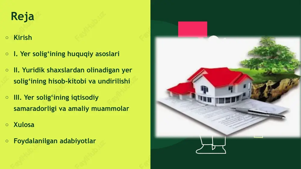 solig‘ining ob’ekti, sub’ekti va soliq to‘lovchilar doirasi yuridik shaxslarning yer solig‘ini hisoblash va to‘lash tartibi yer solig‘ining ob’ekti yer uchastkalari bo‘lib, ularning mulkchiligi, doimiy foydalanish huquqi yoki ijara asosida bo‘lishi mumkin (soliq kodeksi, 424-modda). ob’ekt sifatida yerning kadastr qiymati yoki umumiy maydoni hisobga olinadi, bu yerning iqtisodiy va ekologik ahamiyatini aks ettiradi. masalan, shahar ichidagi yer uchastkalari uchun kadastr qiymati asosiy ko‘rsatkich bo‘lsa, qishloq joylarida maydon va unumdorlik muhimroqdir. sub’ekt sifatida yer uchastkasi ajratilgan hujjatlar, masalan, davlat aktlari yoki ijara shartnomalari hisoblanadi, bu esa soliqni aniq belgilashga imkon beradi. yuridik shaxslar uchun yer solig‘ini hisoblash soliq kodeksining 61-bobiga (424-436-moddalar) asosan amalga oshiriladi, unda soliq yilning 1-yanvar holatiga hisoblanadi va yer uchastkasining umumiy maydoni 1 gektardan oshsa, kadastr qiymati asosida belgilab beriladi. hisoblash formulasi quyidagicha: soliq summasi = kadastr qiymati × stavka. 2025-yil holatiga ko‘ra, bazaviy stavka 0,5 foizni tashkil etsa-da, mahalliy hokimliklar tomonidan 0,65 foizgacha oshirilishi mumkin (o‘rq-1071-sonli qonun). masalan, …
