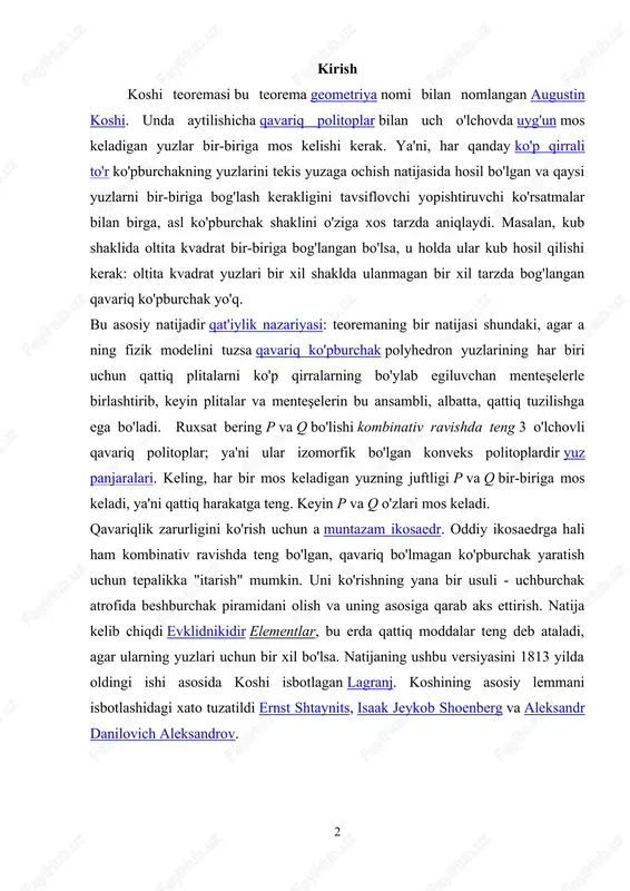 ingi ishi asosida koshi isbotlagan lagranj. koshining asosiy lemmani isbotlashidagi xato tuzatildi ernst shtaynits, isaak jeykob shoenberg va aleksandr danilovich aleksandrov. 1. m. roll va lagranj teoremalari differensial va integral tenglamalar klassik analizda qanchalik katta ahamiyatga ega bo`lsa, chekli-ayirmali tenglamalarning roli ham diskret analizda ana shundaydir. bu paragrafni chekli-ayirmali tenglamalarga baqishlaymiz. faraz qilaylik, u(x) funksiya biror oraliqda berilgan bo`lsin. aniqlik uchun bu oraliq yarim o`qdan iborat bo`lsin. biror h > 0 qadamli x + kh to`rni olib, y(x) ning chekli ayirmalarini tuzamiz: ushbu (11.1) ko`rinishdagi tenglama p-tartibli chekli-ayirmali tenglama deyiladi. bu yerda y(x) izlanayotgan funksiya bo`lib, f(h y0, ...,up) o`z argumentlari (x, u0, ..., up) ning o`zgarish sohasida aniqlangan funksiyadir. agar chekli ayirmalarni funksiyaning qiymatlari orqali ifodalasak (11.1) tenglama quyidagi ko`rinishga ega bo`ladi: f (x, u(x), u (x+h), ..., y(x + ph)) = 0. (11.2) endi x ning x=nh (p=0, 1,2,...) ko`rinishdagi qiymatlarini olib, y(kh =yk deb belgilab olsak (11.2) …