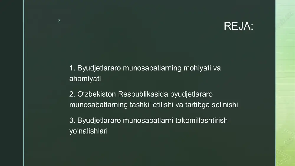 4. subsidiyalar – xo‘jalik subyektlari yoki tashkilotlarga davlat tomonidan beriladigan moliyaviy yordam. z 10 so‘nggi yillarda o‘zbekistonda mahalliy byudjetlarning daromad bazasini kengaytirish, ularning mustaqilligini oshirish bo‘yicha qator islohotlar amalga oshirilmoqda. masalan, 2024 yilda ayrim soliqlar (yer solig‘i, mol-mulk solig‘i) to‘liq mahalliy byudjetlarga yo‘naltirildi. bu esa mahalliy hokimiyatlarning o‘z hududi bo‘yicha moliyaviy siyosat yuritish imkoniyatini kuchaytirdi. z 3. byudjetlararo munosabatlarni takomillashtirish yo‘nalishlari hozirgi kunda o‘zbekiston respublikasida byudjetlararo munosabatlarni takomillashtirish davlat moliya siyosatining ustuvor yo‘nalishlaridan biridir. z quyidagi choralar bu borada muhim ahamiyatga ega: mahalliy byudjetlarning daromad manbalarini mustahkamlash — hududlarda investitsiyalarni jalb qilish, kichik biznes va tadbirkorlikni rivojlantirish orqali soliqlarning oshishiga erishish; transferlar tizimini takomillashtirish — mablag‘larni adolatli taqsimlash, byudjetlararo tengsizlikni kamaytirish; gʻaznachilik tizimini yanada raqamlashtirish — byudjet mablag‘larining harakati ustidan real vaqt rejimida nazorat o‘rnatish; z hududiy moliyaviy intizomni mustahkamlash — har bir mahalliy hokimiyat organining moliyaviy javobgarligini oshirish. shuningdek, byudjetlararo siyosatda barqarorlikni ta’minlash uchun xalqaro tajribadan foydalanish, byudjet resurslarini …