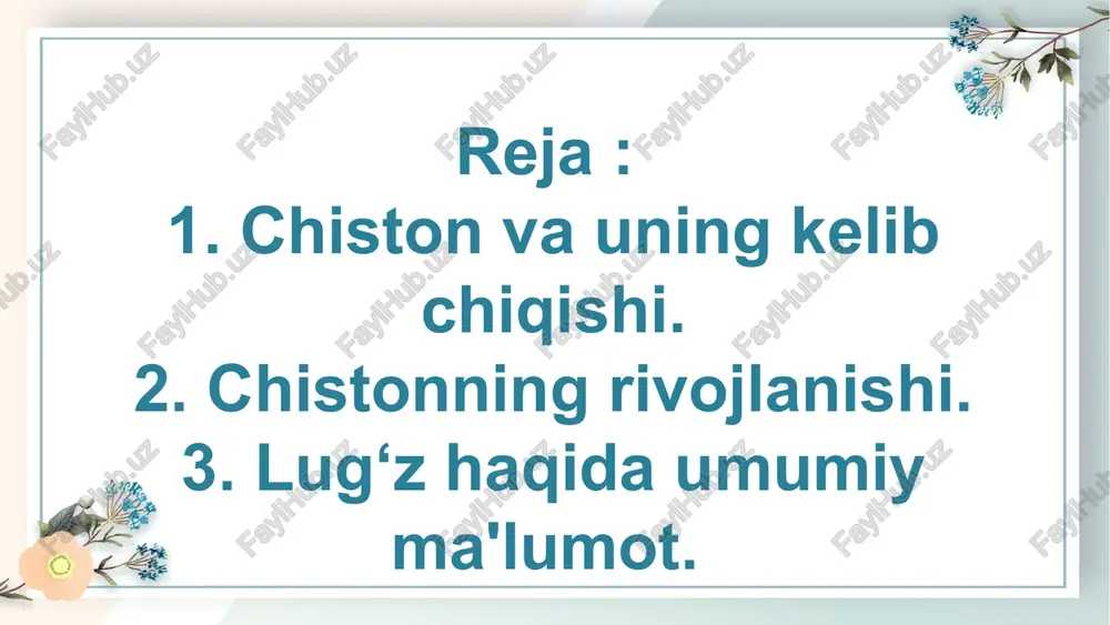 i. 7 navoiyning igna, o‘q, bek va boshqalar haqidagi chistonlari yoqimli kulgiga bois bo‘ladigan ibora va tasvirlarga boydir. chiston xv asrdan keyin yashab ijod etgan so‘z san'atkorlari, jumladan, muhammad rizo ogahiy, jahon otin uvaysiy va boshqa shoirlar ijodida ham uchraydi. progressiv shoirlar chiston orqali ham sotsial masalalami ifodalashga intilganlar. 8 masalan: bu na gumbazdur, eshigi, tuynugidin yo ‘q nishon, necha gulgun pok qizlar manzil aylabdur, makon. tuynugin ochib, alarning holidin olsam xabar, yuzlarida parda tortug ‘liq, turarlar bag ‘ri qon. 9 uvaysiy qalamiga mansub bo‘lgan bu chistonda anor tasvirlangan. lekin avtor anor tasviri vositasi bilan o‘zi yashagan muhitdagi huquqsiz, bag‘ri qon ayollarning ayanchli ahvolini ko‘rsatishga muyassar boigan, asaming sotsial mohiyatini oshirgan. 10 ogahiy ham chiston janrini rivojlantirishga katta hissa qo‘shgan san'atkordir. u tanga haqidagi chistonda navoiyning shunga monand chistoni an'analarini davom ettiradi: ul na dilbarkim, tani simin o 'lub, badr yang ‘lig ‘ suratu simosidur. xat bitib ikki yuzida sarbasar, …