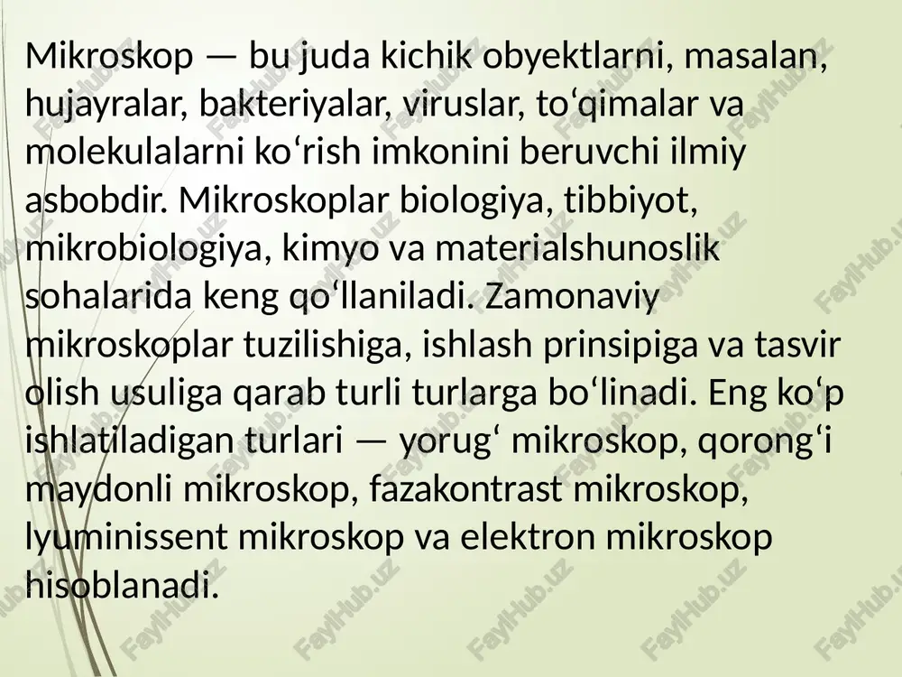 yorqinlik farqiga aylantiradi. bu orqali shaffof va bo‘yalmagan hujayralarni ham aniq ko‘rish mumkin. qo‘llanilishi: jonli hujayralar, sitoplazma harakati, organellalar harakatini o‘rganishda. to‘qimalarni tabiiy holatda tahlil qilishda. afzalliklari: bo‘yalmagan namunani kuzatish imkonini beradi. hujayra ichidagi harakatlarni ko‘rsatadi. hujayra fiziologiyasini buzmasdan o‘rganish mumkin. kamchiliklari: mikroskop narxi qimmat. moslashtirish jarayoni murakkab. 4. lyuminissent mikroskop tavsifi: bu mikroskopda ultrabinafsha (uv) yoki ko‘k nur yordamida lyuminissent moddalarning nurlanishi (porlashi) kuzatiladi. namuna oldindan maxsus bo‘yoqlar (flyuoroxromlar) bilan bo‘yaladi, ular uv nuri ta’sirida porlab, tasvir beradi. qo‘llanilishi: viruslar, bakteriyalar, dnk, oqsillarni aniqlashda. immunoflyuorestsent tahlillarda. onkologiya va genetikada keng qo‘llaniladi. afzalliklari: juda aniq va rangli tasvir beradi. maxsus molekulalarni tanlab ko‘rsatish mumkin. tibbiy diagnostikada yuqori aniqlik bilan ishlaydi. kamchiliklari: maxsus reaktivlar va bo‘yoqlar kerak bo‘ladi. asbob narxi yuqori. 5. elektron mikroskop tavsifi: elektron mikroskopda yorug‘lik o‘rniga elektron nuri ishlatiladi. bu nurlar juda qisqa to‘lqin uzunligiga ega bo‘lib, million martagacha kattalashtirish imkonini beradi. turlari: tem (transmission electron microscope) — …
