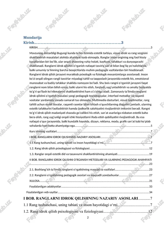 etodik yondashuvlarini o‘rganish, bu jarayonni samarali tashkil etish, ta’lim tizimining sifatini oshirishga xizmat qiladi.bugungi kunda ta’lim jarayonida vizual idrok, shu jumladan rang idrokini rivojlantirishga qaratilgan innovatsion metodlar, raqamli texnologiyalar va interfaol vositalardan samarali foydalanish muhim masalalardan biri bo‘lib qolmoqda. ranglarni idrok qilishni o‘rganish metodlari orqali o‘quvchilarda nafaqat rang sezgisi, balki tasavvur, xotira, mantiqiy tafakkur, estetik qarashlar ham rivojlanadi. bu jarayon insonning hissiy holatini boshqarish, o‘zini ifoda etish va atrofdagi go‘zallikni anglash qobiliyatini mustahkamlaydi. pedagogik nuqtai nazardan, ranglarni idrok qilishni o‘rgatish o‘qituvchidan didaktik mahorat, psixologik bilim va estetik yondashuvni talab etadi. chunki rang idrokini shakllantirish – bu nafaqat ranglarni nom bilan tanishish, balki ularni hissiy jihatdan his etish, ularning uyg‘unligini aniqlash va badiiy ifoda vositasi sifatida qo‘llashni ham o‘z ichiga oladi. shuning uchun ranglarni idrok qilishni o‘rgatishda ko‘rgazmalilik, o‘yin, tajriba, tahlil, muammoli vaziyat va interfaol texnologiyalardan foydalanish samarali natijalar beradi. [0: o‘zbekiston respublikasi prezidenti shavkat mirziyoyevning rasmiy sayti president.uz — ta’lim …