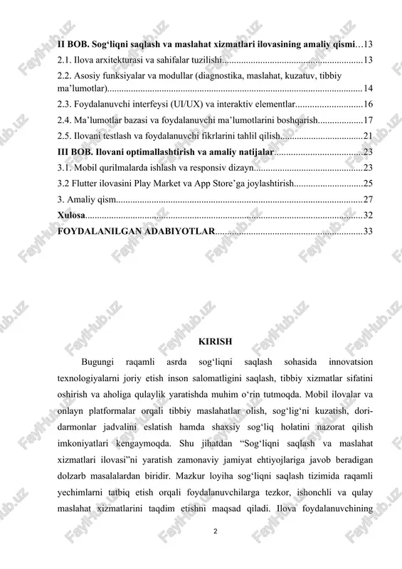 ri, shifokor bilan masofadan aloqa o‘rnatish kabi funksiyalarni o‘z ichiga oladi. ota-onalar, keksalar yoki surunkali kasallikka chalingan bemorlar uchun alohida qulay imkoniyatlar yaratiladi. sog‘liqni saqlash sohasida mobil texnologiyalarni qo‘llash nafaqat shaxsiy sog‘liqni nazorat qilishni osonlashtiradi, balki tibbiyot muassasalari yukini kamaytirish, aholining tibbiy savodxonligini oshirish va profilaktika choralarini mustahkamlashda ham samarali vosita bo‘lib xizmat qiladi. ushbu mavzu bo‘yicha loyiha ishlab chiqish nafaqat texnik, balki ijtimoiy ahamiyatga ham ega bo‘lgan dolzarb tadqiqot yo‘nalishidir. mavzuning dolzarbligi bugungi kunda inson salomatligi va tibbiy xizmatlardan foydalanish qulayligini oshirish masalasi butun dunyoda dolzarb hisoblanadi. aholining tezkor tibbiy maslahat va yordamga bo‘lgan ehtiyoji ortib borayotgan bir paytda, mobil ilovalar orqali sog‘liqni saqlash tizimini raqamlashtirish — eng samarali yechimlardan biri bo‘lib bormoqda. ayniqsa, pandemiyadan so‘ng tibbiy xizmatlarga masofadan kirish, onlayn maslahat olish, dori-darmonlar haqida eslatmalarni avtomatik tarzda olish kabi funksiyalar hayotiy zaruratga aylandi. shu nuqtai nazardan, “sog‘liqni saqlash va maslahat xizmatlari ilovasi”ni yaratish zamonaviy jamiyat talablariga javob beruvchi, …