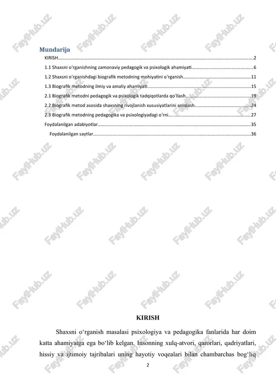 timoiy roli haqida to‘liqroq tasavvur hosil qilish mumkin bo‘ladi. biografik metod shuningdek, pedagogik jarayonda o‘quvchilarning individual xususiyatlarini aniqlash, ularni rivojlantirish va tarbiyaviy ishlarni samarali tashkil etishda ham keng qo‘llaniladi. biografik metod tarixan psixologiya va pedagogika fanlarida uzoq yillar davomida shakllangan. u shaxsni o‘rganishda sub’ektiv va ob’ektiv ma’lumotlarni uyg‘unlashtirishga imkon beradi, shaxsning hayotiy voqealari va ularning shaxsga ta’siri o‘rtasidagi bog‘liqlikni aniqlash imkoniyatini yaratadi. bu metod nafaqat ilmiy tadqiqotlarda, balki amaliy psixologik maslahatlar, kasbiy yo‘nalishlarda,ijtimoiy va pedagogik sohalarda shaxsning individual xususiyatlarini baholashda ham qo‘llaniladi. mavzuning dolzarbligi shaxsni o‘rganish masalasi zamonaviy psixologiya va pedagogika fanlarida katta ahamiyat kasb etadi, chunki har bir insonning xulq-atvori, qarorlari, qadriyatlari va ijtimoiy faoliyati uning hayotiy tajribasi bilan chambarchas bog‘liq bo‘ladi. bugungi kunda jamiyatda individual yondashuvga bo‘lgan talab ortib bormoqda. ta’lim jarayonida o‘quvchilarning individual xususiyatlarini aniqlash, ularning qobiliyatlari va qiziqishlarini hisobga olish, shuningdek pedagogik va psixologik maslahatlar berish uchun shaxsni chuqur tushunish zarur. shu maqsadda biografik metod ayniqsa …