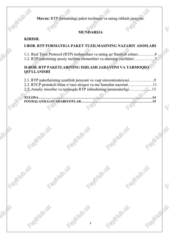qot natijasida real vaqtli ma’lumot uzatish tizimlarining samaradorligini oshirish imkoniyatlari tahlil qilinadi. i-bob. rtp formatiga paket tuzilmasining nazariy asoslari 1.1. real time protocol (rtp) tushunchasi va uning qo‘llanilish sohasi. real time protocol (rtp) — bu tarmoqlar orqali real vaqt rejimida ma’lumot uzatishni ta’minlovchi transport protokoli bo‘lib, u audio, video yoki boshqa turdagi multimedia axborotlarni uzatishda keng qo‘llaniladi. rtp protokoli asosan internet tarmog‘i orqali real vaqtli ovozli va tasvirli aloqa xizmatlarini tashkil etishda, ya’ni ip-telefoniya, videokonferensiyalar, onlayn darslar, tibbiy masofaviy tizimlar va interaktiv o‘yinlarda ishlatiladi. ushbu protokolning asosiy vazifasi – uzatilayotgan ma’lumotlarning ketma-ketligini saqlash, ularni sinxronlashtirish va tarmoq orqali sifatli yetkazishni ta’minlashdir.rtp protokoli osi modeli bo‘yicha transport qatlamidan yuqorida, ya’ni ilova qatlamida ishlaydi va tcp o‘rniga udp protokolidan foydalanadi. udpning tanlanish sababi – u tezkor va past kechikishli uzatishni ta’minlashi, lekin ma’lumotlarni yetkazib berish kafolatini bermasligidir. shuning uchun rtp protokoli o‘z sarlavhasi (header) orqali ma’lumotlarning tartib raqamini va vaqt belgisini (timestamp) …