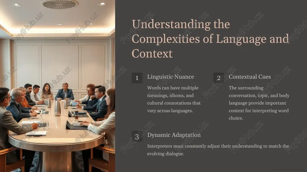 ist with word sense disambiguation terminology lookup instant access to multilingual dictionaries and term banks. contextual suggestions ai-driven recommendations based on the surrounding dialogue. real-time feedback automated alerts for potential lexical ambiguities or mistranslations. 6 enhancing interpretation accuracy through better word sense identification linguistic awareness develop a deep understanding of language nuances and contextual cues. subject expertise continuously expand knowledge on relevant topics and terminology. technological assistance leverage ai-powered tools to enhance lexical disambiguation and translation accuracy. by mastering these strategies, interpreters can enhance their ability to identify the correct meaning of words in consecutive interpretation, ensuring more accurate and effective communication. 7 image1.png image2.png image3.png image4.png image5.png image6.png image7.png image8.png image9.png image10.png image11.png image12.png image13.png