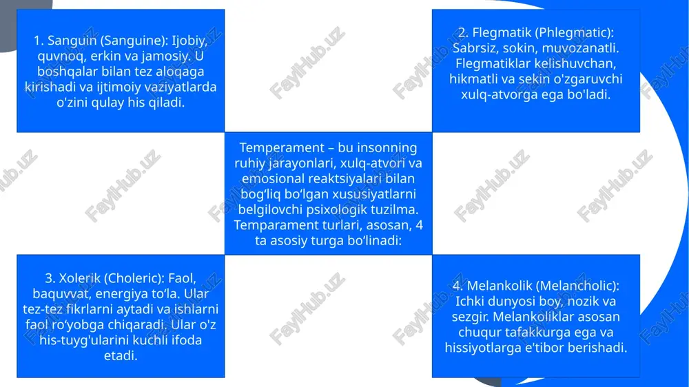t: ba’zan o'xshash temperamentga ega bo'lgan odamlar bir-biriga yaxshiroq mos kelishi mumkin. misol uchun, ikkita sanguin yoki ikkita flegmatik bir-birini to‘g‘ri tushunishlari va bir xil ehtiyojlarga ega bo‘lishlari mumkin; bu esa ular o'rtasidagi aloqa va hamkorlikni kuchaytiradi. 4 temperamentga mos juft tanlashda e'tibor qaratishlari zarur bo'lgan narsalar 1. muvozanat: har bir temperament o'z xususiyatlari va kamchiliklariga ega. juftlar o'zlari uchun muvozanatni yaratishlari muhimdir. 2. aloqalar: o'zaro hurmat, muloqot va muammolarni hal qilish qobiliyatlari juftlikning muvaffaqiyatli rivojlanishi uchun zarurdir. 4. tarbiya va ta'lim: har bir temperamentning tarbiyasini va ta'limini hisobga olish zarur, chunki bu sizning juftingiz bilan qanday munosabatda bo'lishingizni belgilaydi. xulosa temperamentga mos juft tanlashda har bir temperamentning xususiyatlarini va bir-biriga qaragan komponentlarini hisobga olish muhimdir. sifatlar va farqlar, shuningdek, qanday qilib o'zaro mukammal aloqalarni o'rnatish va munosabatlarni kuchaytirish mumkinligini ko'rsatadi. har bir juftlik o'zining o'ziga xos dinamikasi va aloqasi bilan ayrim hollarda maxsus yondoshuvlarni talab qiladi. 5 /docprops/thumbnail.jpeg