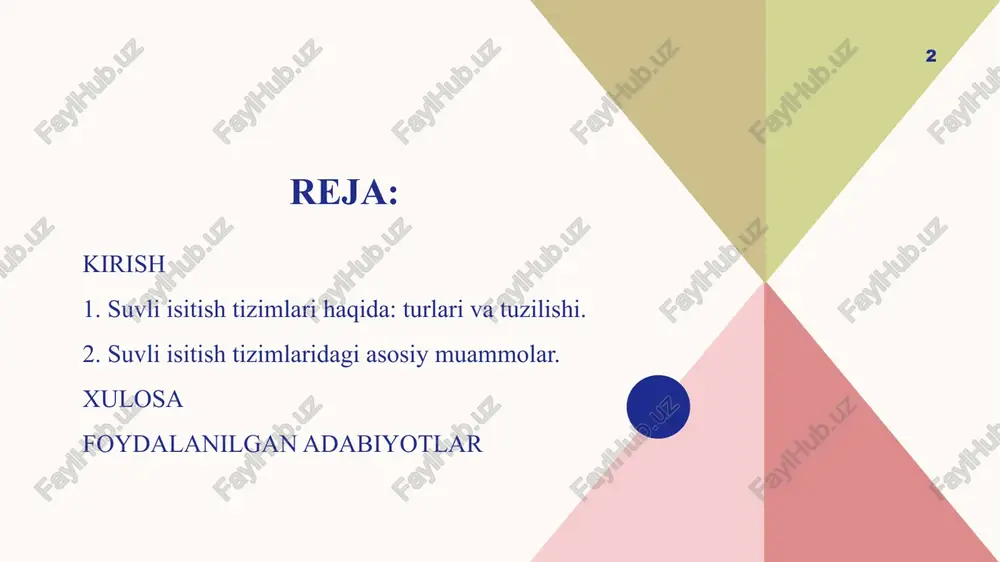 e.i.chegikning isitish tizimlari. sila kommu-nikatsii markaziy suvli isitish tizimidagi asosiy muammo. isitish tizimlaridan havoni chiqarish. markaziy isitish tizimida ayniqsa, suvli isitishda yig‘ilgan havo (aniqrog‘i gaz) issiqlik tashuvchining aylanma harakatini buzadi, shovqin hosil qiladi va m etalni zanglatadi. xo‘sh, bu havo qayerdan paydo bo‘ldi? bu havoning paydo bo‘lish manbalari quyidagilardan iborat: 1) isitish quvurlarini dastlab issiq suv bilan to’lidirayotgan paytda qolgan havo miqdori; 2) noto‘g‘ri qurilgan isitish tizimini ishlatish jarayonida tashqi havodan so‘rib olingan havo; 3) suvli kiritilib tizimni to‘ldirish va ishlatish jarayoni absorbsiya natijasida hosil bo‘lgan havo. isitish quvurlarini dastlab issiq suvga to‘ldirayotgan paytda quvur va isitish asbobida qolgan havo miqdorini aniqlash murakkab bo‘lib, lekin bu havo tizimni ishlatish jarayoni davrida bir necha kundan so ‘ng o‘z holi bilan chiqib ketadi. tizimning ishonchga ega bo‘lmagan bo‘limida ortiqcha bosim hosil qilish y o ‘li bilan tashqaridan tizimga havoni so‘rib olinishini bartaraf qilish mumkin. 6 isitish tizimiga issiq suvli kiritilayotgan absorbsiya natijasida …