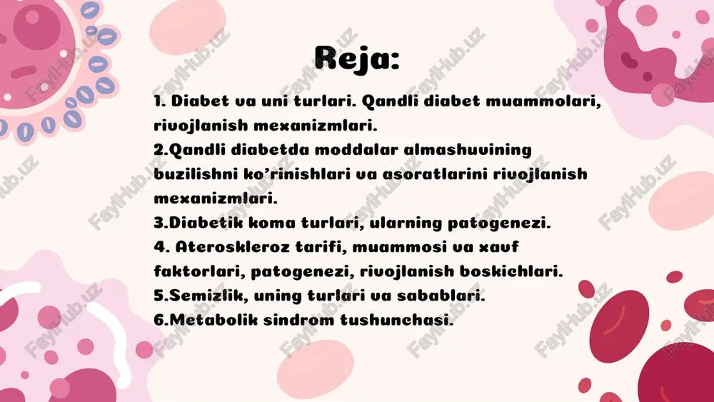 (insulinga qaram diabet) – bu avtoimmun kasallik bo‘lib, oshqozon osti bezining β-hujayralari autoimmun yo‘l bilan nobud bo‘ladi. natijada insulin yetarli ishlab chiqilmaydi. • odatda bolalik yoki yoshlik davrida paydo bo‘ladi. • etiologiyasi: genetik moyillik, virusli infektsiyalar (masalan, coxsackie b), immun tizim disfunksiyasi. • patogenez: β-hujayralar antitanachalar tomonidan zararlanadi → insulin sekretsiyasi to‘xtaydi → glyukoza hujayralarga kira olmaydi → giperglikemiya rivojlanadi. 2-tur diabet (insulinga nisbatan chidamli diabet) – kattalarda uchraydi, odatda semizlik bilan birga kechadi. • etiologiyasi: semizlik, noto‘g‘ri ovqatlanish, jismoniy harakatsizlik, genetik faktorlar. • patogenez: insulin ishlab chiqilishi normal, ammo to‘qimalar insulin ta’siriga rezistent (sezgir emas) bo‘ladi. • glyukoza hujayralarga kira olmaydi, qonda to‘planadi va giperglikemiya yuzaga keladi. rivojlanish mexanizmlari • insulin tanqisligi yoki insulin rezistentligi sababli glyukozaning to‘qimalar tomonidan utilizatsiyasi kamayadi. • glyukozaning jigarda glikogen shaklida saqlanishi buziladi, aksincha, glikogenoliz va glukoneogenez jarayonlari ortadi. • natijada qonda glyukoza miqdori oshadi (giperglikemiya). • energiya manbasi sifatida yog‘lar parchalanadi → keton …
