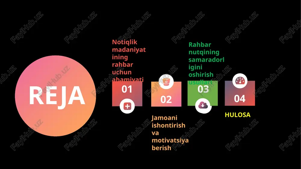 iya berish vositasi jamoani ishontirish va motivatsiya berish rahbarning asosiy vazifalaridan biridir. samarali notiqlik orqali rahbar xodimlarga ilhom bag‘ishlashi, ularni umumiy maqsadlarga yo‘naltirishi va jamoa ichida ijobiy muhit yaratishi mumkin. ishontirish qobiliyatiga ega bo‘lish uchun nutqda aniq dalillar keltirish, ishonchli ohangda gapirish va jamoaning ehtiyojlarini inobatga olish muhimdir. motivatsiya berish esa rag‘batlantiruvchi so‘zlar, kelajakdagi imkoniyatlarni ko‘rsatish va jamoaning muvaffaqiyatini ta’kidlash orqali amalga oshiriladi. shuningdek, yaxshi natijalarga erishgan xodimlarni e’tirof etish va ularning mehnatini qadrlash ham motivatsiyani oshirishga yordam beradi. rahbar nutqining samaradorligini oshirish usullari 1. tayyorlangan va rejalangan nutq: oldindan rejalashtirilgan nutq tartibli va tushunarli bo‘lib, samaradorlikni oshiradi. 2. tushunarli va lo‘nda ifodalar: murakkab fikrlarni oddiy va aniq so‘zlar bilan yetkazish jamoaning tez tushunishiga yordam beradi. 3. tana tili va ovoz ohangidan foydalanish: to‘g‘ri jest va ovoz balandligi nutqning ta’sirchanligini oshiradi. 4. tinglovchilar bilan muloqot: jamoaning reaktsiyasini kuzatib, ularga mos ravishda nutqni moslashtirish nutq davomida pauzalardan foydalanish establish achievable deadlines …
