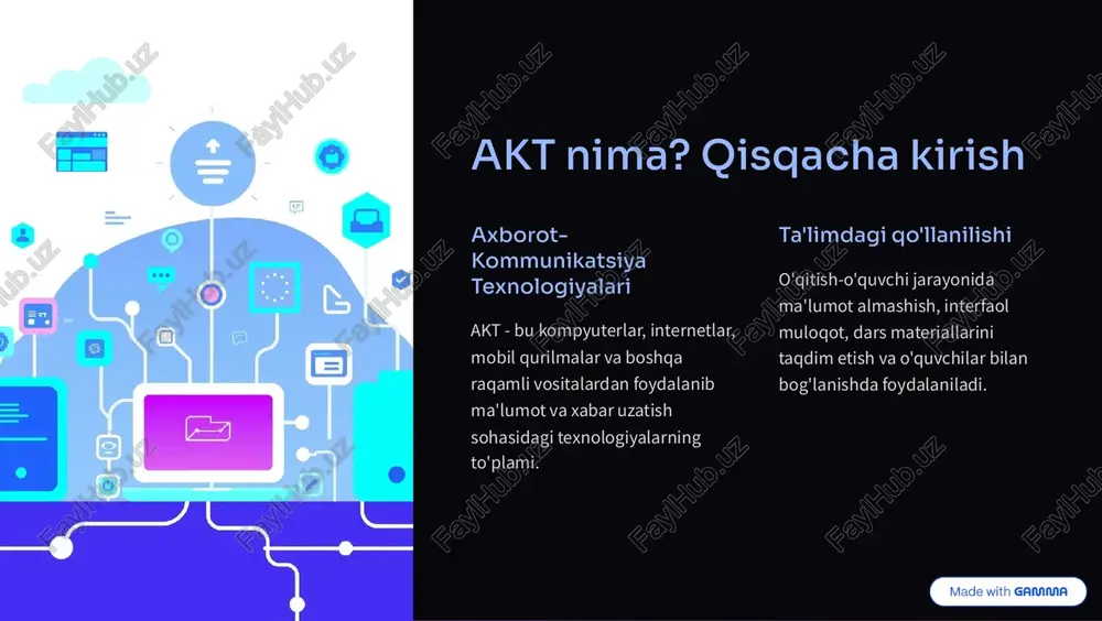 amida interfaol darslar va topshiriqlar interfaol darslar: qo'shimcha varaqlar, animatsiyalar va jonli namunalar asosida darslar ko'proq samosib va qiziqarli bo'lib oqadi. shaxsiy topshiriqlar: taxlif qiluvchi masalalar, testlar, loyihalarning avtomatik baholash tizimi o'quvchining o'z tezligida taraqqiyot qilishiga yordam beradi. https://gamma.app/?utm_source=made-with-gamma o'qituvchilar va o'quvchilar uchun aktning afzalliklari o'qituvchilar uchun: dars tayyorlashtirish vaqtini qisqartirish o'quvchi rivojlanishini real vaqtda nazorat qilish dars rejalarini o'zgartirib tuning imkoni turli xildagi o'qitish usullari tatbiqi o'quvchilar uchun: mustaqil va jonli o'rganishning moslashtirilgan usuli darslarni bir necha marta takrorlash imkoni boshlang'ich savollarga tez javob olish raqamli mahoratlarini rivojlantirish https://gamma.app/?utm_source=made-with-gamma aktni joriy etishdagi muammolar va yechimlar raqamli bo'shliq barcha o'quvchilarda internet va qurilmalar yo'q. yechim: mahalliy markazlarda akses nuqtalari tashkil etish, mobil laboratoriyalar yaratish. o'qituvchilarning malakasi ko'p o'qituvchilar akt vositalaridan foydalanishda chuqur bilimga ega emas. yechim: muntazam o'quv ish-faoliyatlari va sertifikatsiya dasturlari. xavfsizlik va alohidalik o'quvchi ma'lumotlari xavfsizlik va shaxsiy alohidalik bilan bog'liq oqibat. yechim: kuchli shifrlash va qat'iy qonuniy …