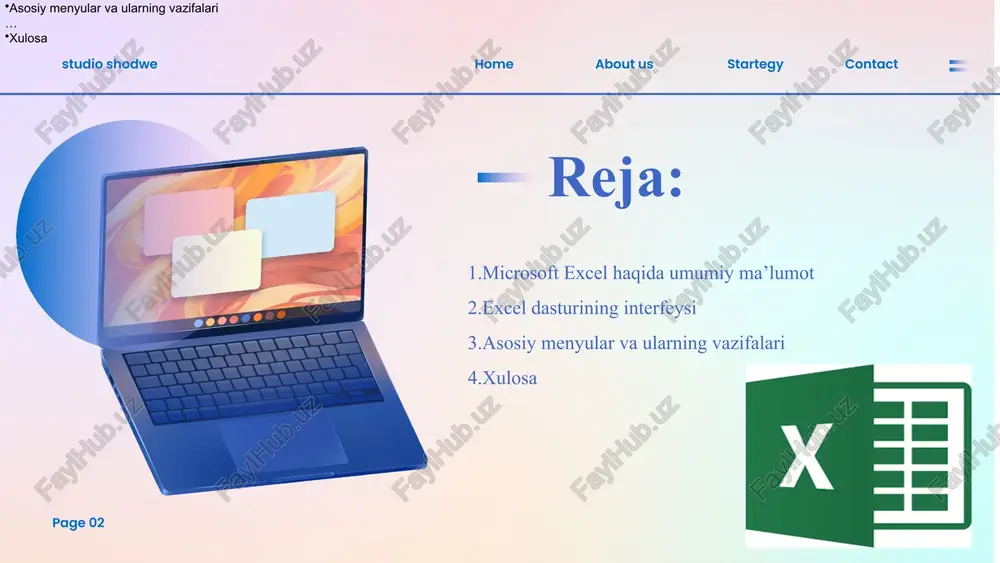 taqsimlash 🏭 ishlab chiqarish va savdo mahsulot zaxiralarini hisobga olish sotuv hajmini kuzatish va tahlil qilish about us studio shodwe home startegy contact page 06 excel oynasining asosiy qismlari about us studio shodwe home startegy contact page 07 ma’lumot kiritish microsoft excel dasturida kataklarga turli xil ma’lumotlar kiritish mumkin: raqamlar (sonlar) — hisob-kitoblar uchun ishlatiladi (masalan: 25, 3.14). matn (text) — sarlavha, izoh yoki nomlar uchun (masalan: “ism”, “summa”). sanalar (date) — vaqt va sana bilan ishlashda qo‘llaniladi (masalan: 31.10.2025). formulalar (formulas) — avtomatik hisoblashlar uchun ishlatiladi (masalan: =a1+b1). katakka ma’lumot kiritish uchun uni sichqoncha bilan tanlab, klaviaturadan yozish kifoya. kiritilgan ma’lumot formula satrida (formula bar) ham ko‘rinadi. agar xatolik bo‘lsa, backspace yoki delete tugmasi orqali ma’lumotni o‘chirish yoki tahrirlash mumkin. about us studio shodwe home startegy contact page 08 formulalar va funksiyalar formulalar — bu excelda hisob-kitoblarni avtomatik tarzda bajarish uchun yoziladigan ifodalardir. har bir formula = belgisi bilan …