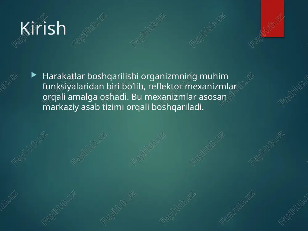 ektor mexanizmlar harakatlar boshqarilishining asosiy negizini tashkil etadi. ular sport, tibbiyot va kundalik hayotda katta ahamiyatga ega. foydalanilgan adabiyotlar 1. sechenov i.m. – miya reflekslari 2. pavlov i.p. – shartli reflekslar nazariyasi 3. sport fiziologiyasi darsliklari 4. neyrofiziologiya asoslari /docprops/thumbnail.jpeg