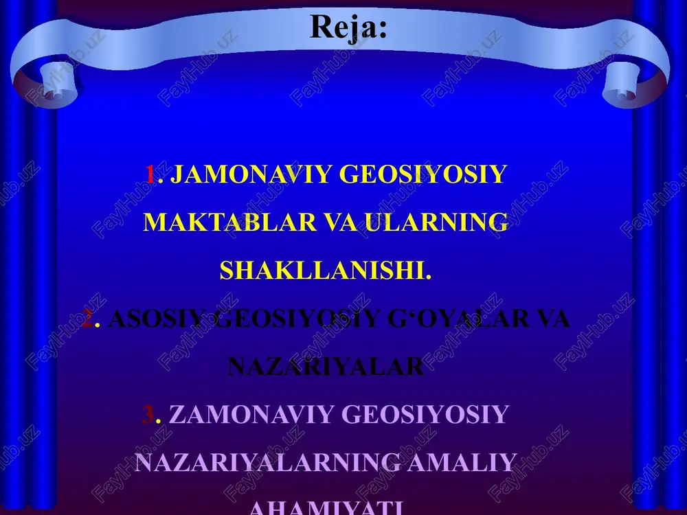 tahlil vositasi sifatida katta ahamiyatga ega. s. xantingtonning sivilizatsiyalar to‘qnashuvi haqidagi g‘oyalari g‘arb va islom dunyosi o‘rtasidagi madaniy qarama-qarshiliklarni tushunishda qo‘llaniladi. s. koenning geostrategik makon konsepsiyasi esa aqsh, rossiya va xitoy kabi yirik davlatlarning yevroosiyodagi manfaatlar kurashini tahlil etishda ishlatiladi. j. vallerstaynning dunyo-tizimi yondashuvi global iqtisodiy tengsizlik va mustamlakachilik merosini izohlashda muhim ahamiyat kasb etadi. d. harveyning neoliberalizm haqidagi qarashlari g‘arb davlatlarining iqtisodiy siyosatidagi ekspluatatsion mexanizmlarni ochib beradi. f. fukuyamaning “tarixning oxiri” nazariyasi esa liberal demokratiya va inson huquqlari masalalariga doir zamonaviy bahslarning markazida turadi. zamonaviy geosiyosiy nazariyalar turlicha qarashlarga ega bo‘lsa-da, ularning barchasi tanqidiy tahlil nuqtayi nazaridan ham muhimdir. s. xantingtonning “sivilizatsiyalar to‘qnashuvi” konsepsiyasi ayrim olimlar tomonidan madaniy determinizmda ayblanadi, chunki u insoniyat taraqqiyotini faqat sivilizatsiyalar ziddiyatiga asoslaydi. s. koenning “geostrategik makon” nazariyasi esa haddan tashqari yevroosiyoga e’tibor qaratgani uchun boshqa mintaqalarning rolini kamaytiradi. j. vallerstaynning dunyo-tizimi yondashuvi murakkab iqtisodiy mexanizmlarni yaxshi ochadi, biroq siyosiy va madaniy omillarni yetarli …