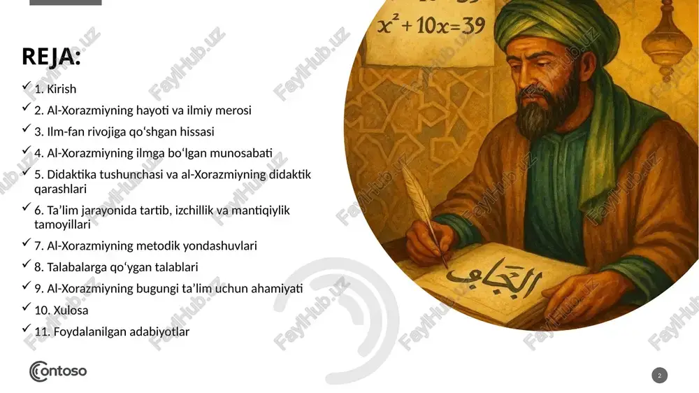 azuvchi vosita edi. u ilmni hayotda qo‘llash zarurligini, bilimning amaliy qiymati bo‘lishi kerakligini ta’kidlagan. uning fikricha: > “bilim — insonni nodonlik zulmatidan najotga chiqaradigan nurlar manbaidir.” bu g‘oya hozirgi zamon didaktikasidagi onglilik va faoliyatga asoslangan ta’lim tamoyiliga juda mos keladi. al-xorazmiyning ilmga bo‘lgan munosabati 5 didaktika tushunchasi va al-xorazmiyning didaktik qarashlari didaktika — bu o‘qitish va o‘rganish jarayonining nazariyasi. al-xorazmiy o‘z asarlarida ta’limning quyidagi asosiy tamoyillarini ilgari surgan: bilimlarni bosqichma-bosqich berish; har bir mavzuni hayotiy misollar orqali tushuntirish; o‘qitishda mantiqiy izchillik va tushunarlilikni ta’minlash; o‘qituvchi va o‘quvchi o‘rtasida faol muloqotni saqlash. bu tamoyillar bugungi zamonaviy ta’limning ham negizini tashkil etadi. 6 ta’lim jarayonida tartib, izchillik va mantiqiylik tamoyillari 7 al-xorazmiy o‘qitishda tartib va izchillikni juda muhim deb bilgan. unga ko‘ra, o‘quvchi murakkab masalalarni o‘rganishdan oldin ularning asosiy tushunchalarini puxta egallashi zarur. u shunday yozadi: > “ilm zanjir misolidir — bir halqasini tushunmasang, butun zanjir uziladi.” bu fikr ta’limda bosqichlilik va …