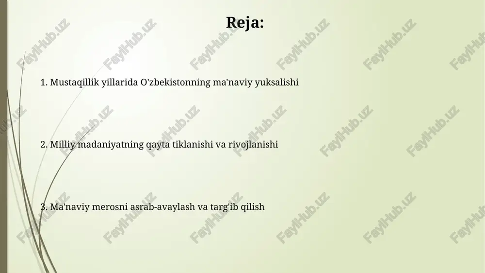 90-yillardan boshlab milliy o'zlikni anglashga, an'analarni qayta tiklashga qaratilgan yangi bosqichga ko'tarildi. adabiyotda abdulla qodiriy, cho'lpon kabi jadid adiblarining merosi 20 dan ortiq kitoblarda qayta nashr etilib, ularning ijodi keng o'rganildi. din va ma'naviyat erkinligi mustaqillik yillarida 130 dan ortiq millat va elat vakillarining diniy ehtiyojlarini qondirish uchun sharoitlar yaratildi, bu erkinlikning muhim ko'rsatkichidir. konstitutsiyaning 31-moddasida vijdon erkinligi kafolatlanishi, har kim xohlagan dinga e'tiqod qilish yoki hech qanday dinga e'tiqod qilmaslik huquqiga ega ekanligi belgilab qo'yilgan. e'tiboringiz uchun rahmat image1.jpg image2.jpg image3.jpg image4.jpg image5.jpg image6.jpg