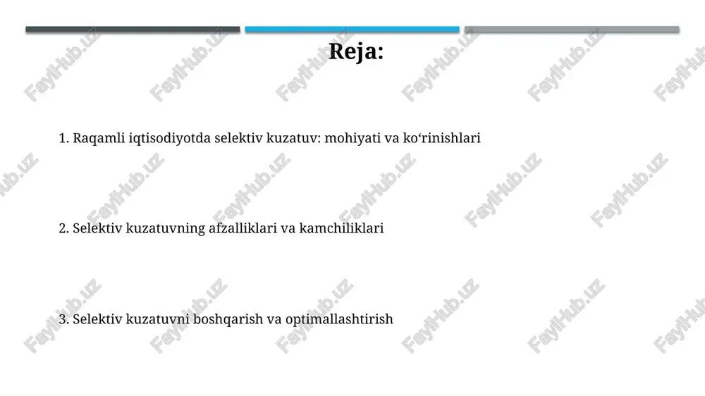 uzatuvning afzalliklari va kamchiliklari afzalligi: resurslarni samarali taqsimlash, 80/20 qoidasi (pareto prinsipi) bo'yicha muhim ma'lumotlarga e'tiborni kuchaytirib, keraksiz detallarga vaqtni kamaytiradi. bu 75% vaqtdan tejashga olib kelishi mumkin. kamchiligi: tasdiqlash moyilligi, raqamli muhitdagi 99% noto'g'ri ma'lumotlarga qaramay, mavjud e'tiqodlarni tasdiqlovchi 60% informatsiyani qabul qilib, noto'g'ri qaror qabul qilishga olib keladi. selektiv kuzatuvni kamaytirish strategiyalari kognitiv xatolarni kamaytirish uchun "qaror qabul qilish matritsasi" dan foydalaning, bunda 360 graduslik fikr-mulohazalar va ma'lumotlarning xolis to'plami muhim. ma'lumotlarni baholash uchun "beshta nima" texnikasidan foydalaning; bu usul har bir bayonotni 5 marta chuqur tahlil qilib, 100% tasdiqlashga olib keladi. xulosa va istiqbollar kelajakda raqamli iqtisodiyotda selektiv kuzatuvni kamaytirish uchun sun'iy intellekt asosidagi axborot filtrlash tizimlari optimallashtirilishi kerak, 2025 yilga qadar. xulosa shuni ko'rsatadiki, raqamli muhitda tanlangan kuzatuvning salbiy ta'siri o'rtacha 35 foizga oshdi, bu esa faktlarni buzib ko'rsatishga olib keldi. e'tiboringiz uchun rahmat image1.png image2.jpg image3.jpg image4.jpg image5.jpg image6.jpg image7.jpg image8.jpg