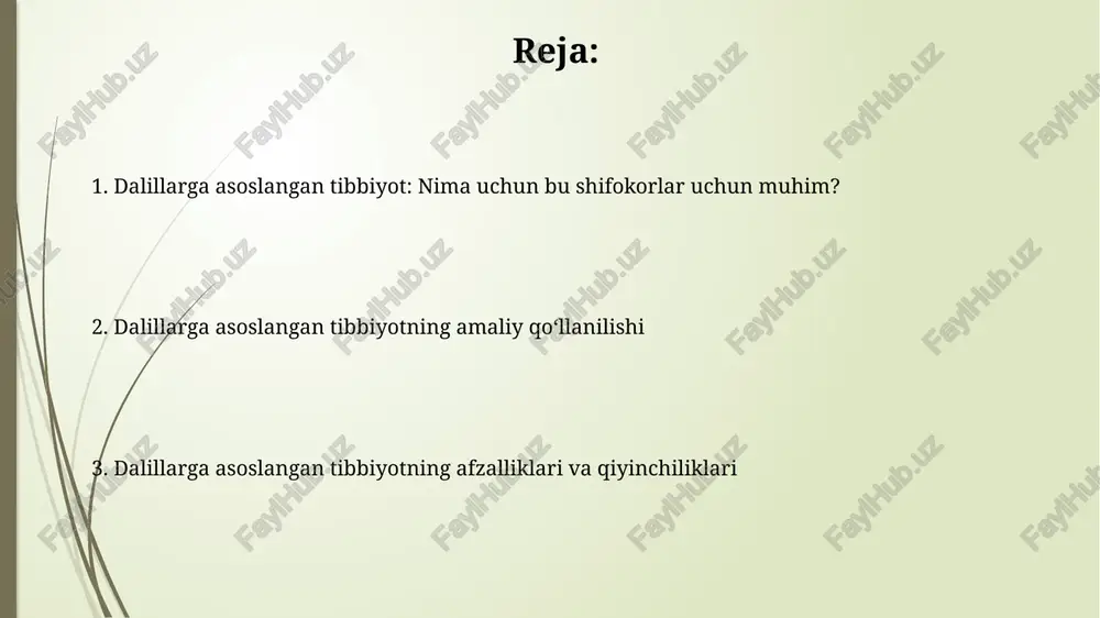 maliyotda qo'llanilishini aniqlash va natijalarni doimiy ravishda monitoring qilish. dalillarni qidirish va baholash usullari sistematik adabiyot qidiruvi pubmed, cochrane library kabi ma'lumotlar bazalaridan foydalanishni o'z ichiga oladi, qidiruv strategiyasi aniq mezonlarga asoslanadi, natijalar esa prisma tamoyillari asosida saralanadi. rct (randomizatsiyalashgan klinik sinovlar) sifatini baholash uchun cochrane collaboration's risk of bias tool ishlatiladi. ushbu vosita tanlash biasini, amalga oshirish biasini va aniqlash biasini aniqlashga yordam beradi. klinik savolni shakllantirish (pico) pico klinik savolni aniqlash uchun zarur, chunki u 4 ta elementni – patient/problem (bemor/muammo), intervention (aralashuv), comparison (taqqoslash) va outcome (natija)ni aniq ko'rsatadi. pico modeli, masalan, “60 yoshdagi bemorlarda yuqori qon bosimini davolashda a dori b dorisiga nisbatan yurak xurujini kamaytirishda samaralimi?” kabi aniq savollarni tuzishga yordam beradi. sistematik adabiyot sharhlari va meta-tahlil sistematik adabiyot sharhlari aniq savolga javob berish uchun tadqiqotlarni tizimli ravishda aniqlaydi, baholaydi va sintez qiladi, biasni kamaytirishga harakat qiladi. meta-tahlil sistematik sharhning bir qismi bo'lib, alohida tadqiqotlarning …