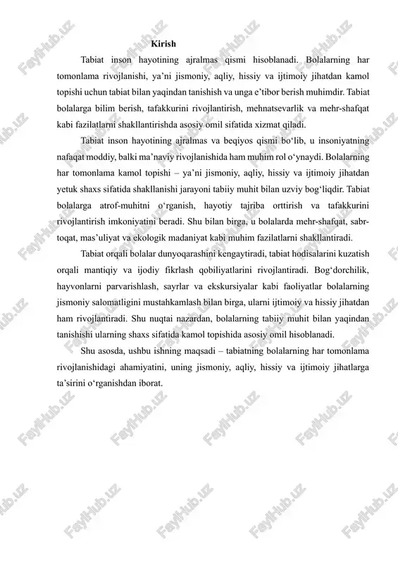 imlik va hayvonlarni kuzatish orqali kuzatuvchanlik va qiziqish hissi rivojlanadi. tabiat inson hayoti va rivojlanishi uchun beqiyos ahamiyatga ega bo‘lgan muhitdir. u nafaqat insonning jismoniy salomatligini saqlash, balki ruhiy, aqliy va ijtimoiy jihatdan rivojlanishida ham asosiy omil sifatida xizmat qiladi. tabiat insonning hayotiy tajribasi, qiziqishlari va bilimlarini shakllantirishga yordam beradi. birinchidan, tabiat bolalarning jismoniy rivojlanishiga bevosita ta’sir ko‘rsatadi. ochiq havoda o‘ynash, yurish, sport mashqlari, daraxtlar orasida sayr qilish organizmning sog‘lom o‘sishi, mushak va suyak tizimining rivojlanishi, immunitetning mustahkamlanishiga xizmat qiladi. tabiat bilan shug‘ullanish jarayonida bola harakat, muvozanat va koordinatsiya kabi muhim ko‘nikmalarni egallaydi. ikkinchidan, tabiat bolalarning aqliy va tafakkur rivojlanishida muhim ahamiyatga ega. tabiat hodisalarini kuzatish, o‘simlik va hayvonlarning xatti-harakatlarini o‘rganish, tabiiy jarayonlar bilan tanishish bolalarda mantiqiy fikrlash, kuzatuvchanlik va muammolarni yechish qobiliyatlarini shakllantiradi. masalan, bolalar daraxtning o‘sishi, suv aylanishi yoki hayvonlarning yashash odatlarini o‘rganish orqali ilmiy fikrlashga o‘rganadilar. uchinchidan, tabiat bolalarda hissiy va axloqiy tarbiyani rivojlantiradi. o‘simlik va hayvonlarga …