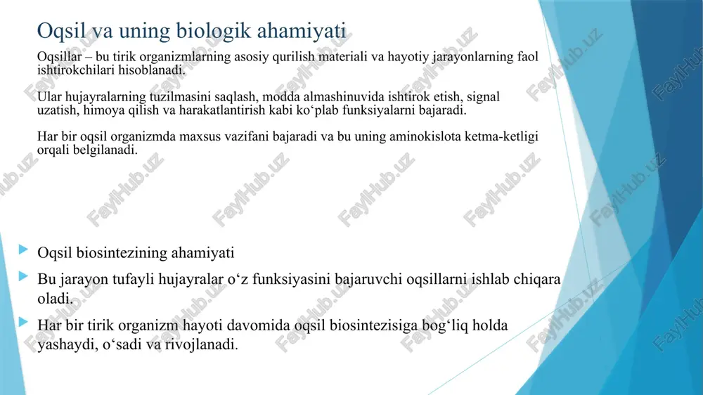 lmasini qayta tiklashi mumkin. oqsil tuzilishi va vazifalari boʻyicha xilma-xil. tuzilishiga koʻra, 2 katta guruhga boʻlish mumkin: globulyar va fibrillyar. globulyar oqsillar asosan, sferik yoki ellips shaklida boʻlib, ular tarkibiga boshqa guruh moddalar ham qoʻshilgan (prostetik guruh). masalan, gemoglobin globin va gemning qoʻshilmasidan hosil boʻlgan, shuning uchun uni yana gemoproteid deb ham atashadi. lipid tutuvchi oqsil lipoproteidlar, uglevod tutuvchilar – glikoproteidlar, metall tutuvchilar – metall proteidlar deyiladi. genetik kod tushunchasi genetik kod — bu dnk (yoki rnk) dagi nukleotidlar ketma-ketligining oqsillarda aminokislotalar ketma-ketligiga tarjima qilinish tizimidir. asosiy tushunchalar: 1. kodlash birligi – kodon: rnkdagi har 3 ta nukleotid bir kodon deb ataladi. har bir kodon biror aminokislotani kodlaydi. masalan, aug kodoni — metionin aminokislotasini bildiradi va translyatsiya jarayonini boshlaydi. 2. umumiylik: genetik kod deyarli barcha organizmlar uchun umumiy hisoblanadi (ya'ni, bir xil kodon bir xil aminokislotani bildiradi). genetik kod — irsiy axborotni nuklein kislotalar molekulasida nukleotidlar ketma-ketligi tartibida yozishning tirik …