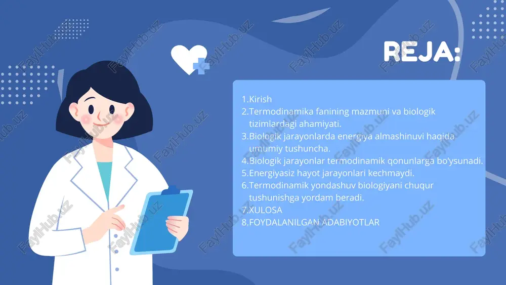 biologik tartib mazmuni: entropiya — bu tartibsizlik darajasini ko‘rsatuvchi o‘lchov. tirik organizmlar entropiyaning ortishiga qarshi kurashadi, ya’ni ular o‘z tartibini saqlab turadi. bu esa tashqi muhitdan energiya olish orqali amalga oshadi. oziq moddalar, quyosh nuri, kislorod orqali olingan energiya biologik tizimlarning strukturaviy barqarorligini ta’minlaydi. misol: fotosintez jarayoni — entropiyani kamaytiruvchi jarayon, chunki u tartibsiz energiyani (yorug‘likni) tartibli energiyaga (organik modda) aylantiradi. biologik jarayonlarda energiya aylanishi mazmuni: biologik tizimlarda energiya doimiy aylanishda bo‘ladi. mitoxondriyada: oziq moddalarning oksidlanishi natijasida energiya hosil bo‘ladi (oksidlovchi fosforlanish). xloroplastlarda: quyosh nuri yordamida energiya organik moddalarga aylanadi (fotosintez). energiya oqimi: quyosh → o‘simlik → hayvon → mikroorganizmlar orqali doimiy siklda aylanadi. xulosa: energiya o‘tishi biologik hayotning uzluksizligini ta’minlaydi. xulosa mazmuni: biologik jarayonlar termodinamik qonunlarga asoslanadi. har bir hujayra energiyani olish, saqlash va ishlatish mexanizmlariga ega. termodinamik yondashuv biologik jarayonlarning (nafas olish, fotosintez, modda almashinuvi) chuqur mohiyatini tushuntiradi. hayot energiya oqimi va tartib saqlanishi orqali mavjud bo‘ladi. xulosa …
