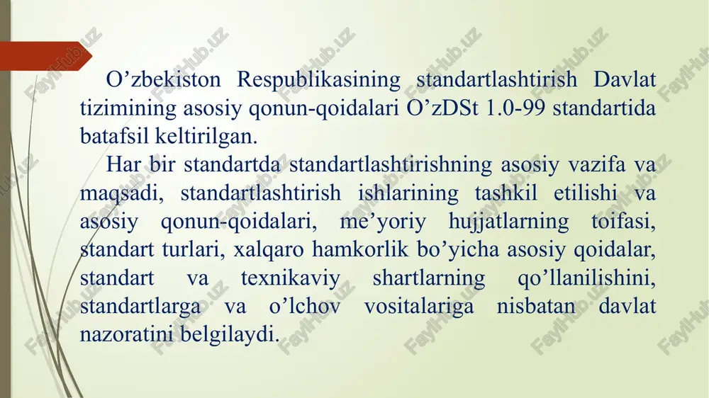 iqlangan aniq mahsulotga (xizmatga) boʼlgan texnikaviy talablarini belgilovchi meʼyoriy hujjat. mahsulotga texnikaviy hujjatlar toʼplami ishlab chiqilayotganda texnikaviy shartlar shu toʼplamning ajralmas qismi hisoblanadi. korxona standarti (ks)- mahsulotga, xizmatga yoki jarayonga korxonaning tashabbusi bilan ishlab chiqilgan va uning tomonidan tasdiqlangan standartdir. standartlar majmui - oʼzaro bogʼlangan standartlashtirish obʼektlariga kelishilgan talablarni belgilovchi va maʼlum ilmiy-texnikaviy yoki ijtimoiy iqtisodiy muammolarni yechimini meʼyoriy hujjatlar bilan taʼminlashga umumiy maqsad bilan birlashgan va oʼzaro bogʼlangan standartlar toʼplami. xalqaro standart - standartlashtirish bilan shugʼullanadigan xalqaro tashkilot tomonidan qabul qilingan va isteʼmolchilarning keng doirasiga yaroqli boʼlgan standart. mintaqaviy standart - standartlashtirish bilan shugʼullanadigan mintaqaviy tashkilot qabul qilgan va isteʼmolchilarning keng doirasiga yaroqli boʼlgan standart. milliy standart - standartlashtirish bilan shugʼullanuvchi milliy idora tomonidan qabul qilingan na isteʼmolchilarning keng doirasiga yaroqli boʼlgan standart. xalqaro, mintaqaviy yoki chet mamlakatning milliy standarti toʼgʼridan-toʼgʼri qoʼllanilishi o’zdst 1.7-2002 standartiga binoan amalga oshiriladi. uygʼunlashtirilgan standartlar - mahsulot, jarayon va xizmatlarning oʼzaro almashinuvchanligi va taqdim …