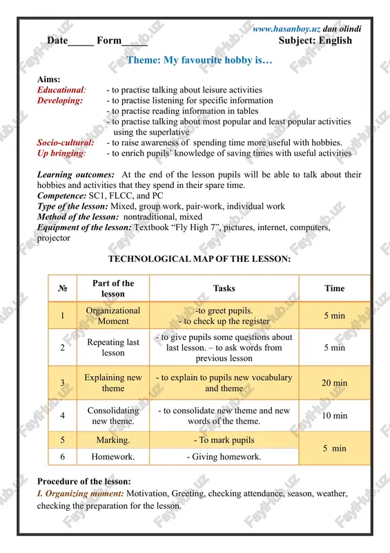the 5th form; to introduce and practise some new words pp look at the labels and guess the meaning of the new words. teach the pronunciation of the new words. ask pp to say the meaning of the words in their mother tongue. then ask them to make sentences using a verb and appropriate noun as in the example: i like playing the dutar, etc. iv. main part activity 2 objective: • to practise listening for specific information pp copy the num bers 1-3 in their ex.bks. pp look at the photo of nodira and her coins and read the 3 questions and write the answers. ask them who they can see, what nodira is holding. then pp listen to the tape and check their guesses. then ask them what they think are the most popular leisure activities in uzbekistan for boys and girls. then they can try to guess …