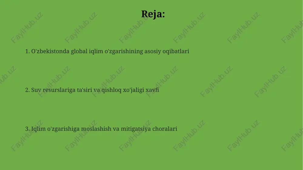 erishi 2050-yilgacha 30% ga, 2100-yilgacha esa 50-80% ga yetishi kutilmoqda, bu suv resurslariga jiddiy ta'sir ko'rsatadi. qishloq xo'jaligiga salbiy ta'siri suv tanqisligi paxta hosildorligini 20-30 foizga kamaytiradi, ayniqsa, sug‘orish tizimlari optimal bo‘lmagan hududlarda, bu esa eksport daromadlariga salbiy ta’sir qiladi. haroratning 2°c ga ko‘tarilishi g‘alla ekinlarining, masalan, bug‘doyning hosildorligini 15% ga pasaytirishi mumkin, oziq-ovqat xavfsizligini ta’minlashda muammolar tug‘diradi. iqlim o‘zgarishi natijasida zararkunandalar va kasalliklar tarqalishi 25% ga ortishi mumkin, bu esa pestitsidlardan foydalanishni ko‘paytiradi va tuproq sifatiga zarar yetkazadi. ekosistemalar va biologik xilma-xillikka tahdidlar sirdaryo va amudaryo daryolarining suv hajmi 15-25% ga kamayishi, baliq turlarining kamayishiga va suv ekotizimlarining buzilishiga olib keladi, biodiversitetga jiddiy ta’sir o’tkazadi. oʻzbekistonda haroratning 1.6°c ga koʻtarilishi, qurgʻoqchilikni kuchaytirib, oʻsimliklarning 20% gacha yoʻq boʻlishiga olib kelishi mumkin, bu esa oʻtloqi ekotizimlariga zarar yetkazadi. choʻllanish jarayonlari natijasida 30% ga yaqin oʻsimlik va hayvon turlari yoʻqolib ketish xavfi ostida qolmoqda, bu esa biologik xilma-xillikni saqlashni qiyinlashtiradi. iqlim o'zgarishiga …