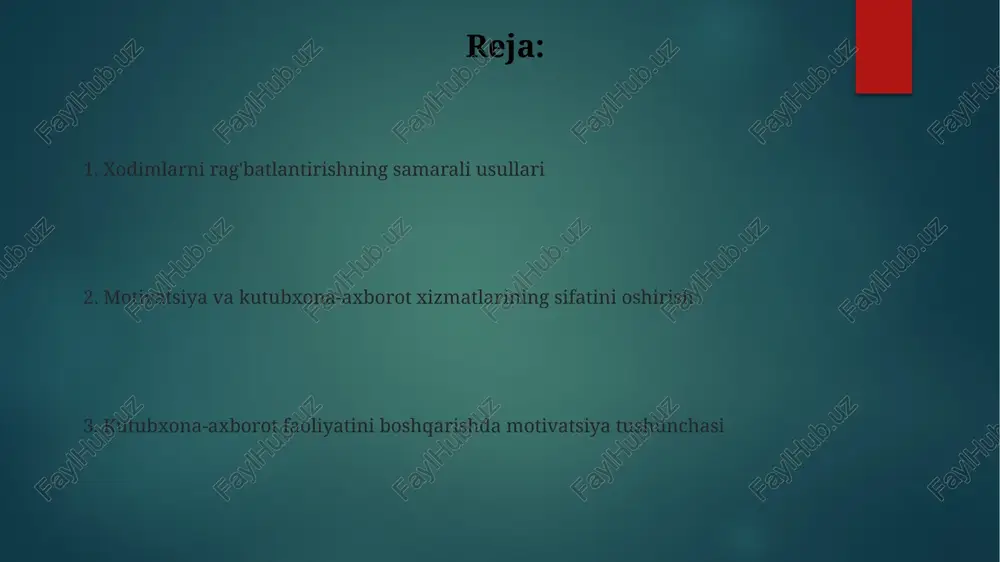 and viloyatidagi 20 ta qishloq kutubxonasida amalga oshirilgan tadqiqotlar, ish sharoitini yaxshilash xodimlarning samaradorligini 35% ga oshirishini ko'rsatdi. toshkent shahridagi 5 ta markaziy kutubxonada o'tkazilgan so'rovnoma natijalariga ko'ra, xodimlarning 70% ishga bo'lgan motivatsiyasi moddiy rag'batlantirishga bog'liq ekanligi aniqlandi. muvaffaqiyatga erishish va mukofotlash tizimi farg'ona viloyatidagi 7 ta kutubxonada ishlab chiqilgan ballar tizimi, xodimlar faolligini 25% ga oshirdi va 5 ta yangi loyihaning amalga oshirilishiga turtki bo'ldi. toshkent shahridagi markaziy kutubxonada qo'llanilgan "yilning eng yaxshi xodimi" tanlovi, 10 ta turli nomzodlarni o'z ichiga olib, motivatsiyani 15% ga oshirishga yordam berdi. kutubxona xodimlarining qoniqish darajasi va motivatsiya farg'ona viloyatida o'tkazilgan so'rov natijalariga ko'ra, kutubxona xodimlarining 75 foizi jamoaviy ish muhitining ahamiyatini yuqori baholagan va bu motivatsiya darajasiga ijobiy ta'sir ko'rsatgan. toshkent shahridagi 2018-2022 yillar oralig'ida o'tkazilgan tadqiqotlar kutubxonachilarning kasbiy rivojlanish imkoniyatlariga bo'lgan ehtiyojlarini va bu omilning qoniqish darajasiga ta'sirini aniqladi. maqsad qo'yish va uning motivatsiyaga ta'siri samarali maqsad qo‘yishda smart printsiplariga (specific, …