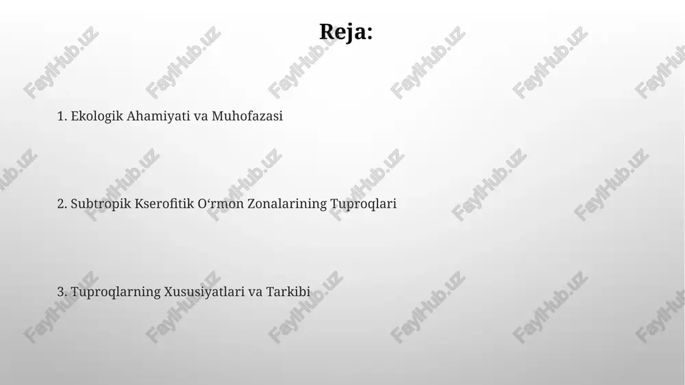 o'zgarib turadi, bu esa havo almashinuvi va ildiz rivojlanishiga ta'sir qiladi. subtropik xerofitik o'rmon zonasining tuproqlari, masalan, o'zbekistonning janubiy hududlarida, 10-30% gacha qum miqdoriga ega bo'lib, yuqori suv o'tkazuvchanligiga ega. tuproqning havolash rejimi subtropik kserofitik o'rmon zonasining tuproqlari, masalan, o'zbekistonning janubiy hududlarida, yillik 300 mm dan kam yog'ingarchilik bilan tavsiflanadi va bu sharoitda tuproqning namlanishi juda cheklangan bo'lib, asosan, yomg'ir suvlari hisobiga amalga oshadi. tuproqning havqlash rejimi, ayniqsa, 1-2 metr chuqurlikdagi qatlamlar uchun, qoraqalpog'iston respublikasining qumli tuproqlarida juda tez sodir bo'ladi va bu erlarda suvning chuqurga singishi tezligi 10-15 sm/sutkani tashkil qilishi mumkin. tuproqni muhofaza qilish choralar qoraqalpog'iston respublikasidagi subtropik zonadagi 1500 gektardan ortiq maydondagi tuproqlarni shamol eroziyasidan himoya qilish uchun, shamol o'tkazmaydigan o'simlik to'siqlarini yaratish zarur. tuproqning 2-3 sm qalinlikdagi yuqori qatlamini saqlab qolish uchun, sug'orish tizimini optimallashtirish va tomchilatib sug'orish usulini 50% gacha kengaytirish orqali tuproqning namligini va tuziga chidamliligini oshirish muhimdir. subtropik xerofit o'rmon zonasining tuproqlarining umumiy …