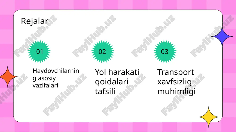 birga ko'rsatmalar beradi, bu esa yo'lni xavfsiz o'zlashtirishga xizmat qiladi. masalan, qizil chiroq to'xtash, yashil esa harakatlanish kerakligini bildiradi, bu esa baxtsiz hodisalarni kamaytiradi. haydovchilar uchun javobgarlik haydovchilar huquqlari javobgarlik darajalari haydovchilar yo'l harakati qoidalariga amal qilishlari kerak. ularning huquqlari o'z xavfsizligini ta'minlashda muhim ahamiyatga ega. qoidalarni buzgan haydovchilar ma'muriy va jinoiy javobgarlikka tortilishi mumkin. bu, havo va transport xavfsizligini ta'minlash uchun zarurdir. yol harakati xavfsizligi qoidalari yol belgilarining ahamiyati havo vaqti va sharoitlar qoidalar va jazolar yol belgilarini tushunish va ularga rioya qilish haydovchilar uchun muhim. bu belgilar yo'l harakati xavfsizligini ta'minlaydi va tartibni saqlaydi. havo sharoiti harakatga ta'sir qiladi. qurg'oqchil yoki yomg'irli havoda haydovchilar ehtiyotkorlik bilan harakat qilishlari zarur. yol harakati qoidalariga rioya qilmaslik jazo va ogohlantirishlarni keltirib chiqarishi mumkin. har bir haydovchi buni inobatga olishi lozim. haydovchi malakasining oshirilishi haydovchi malakasi ta'rifi malaka oshirishning afzalliklari o'qitishning usullari davlat va jamoat mas'uliyati haydovchi malakasi - bu xavfsiz haydash …