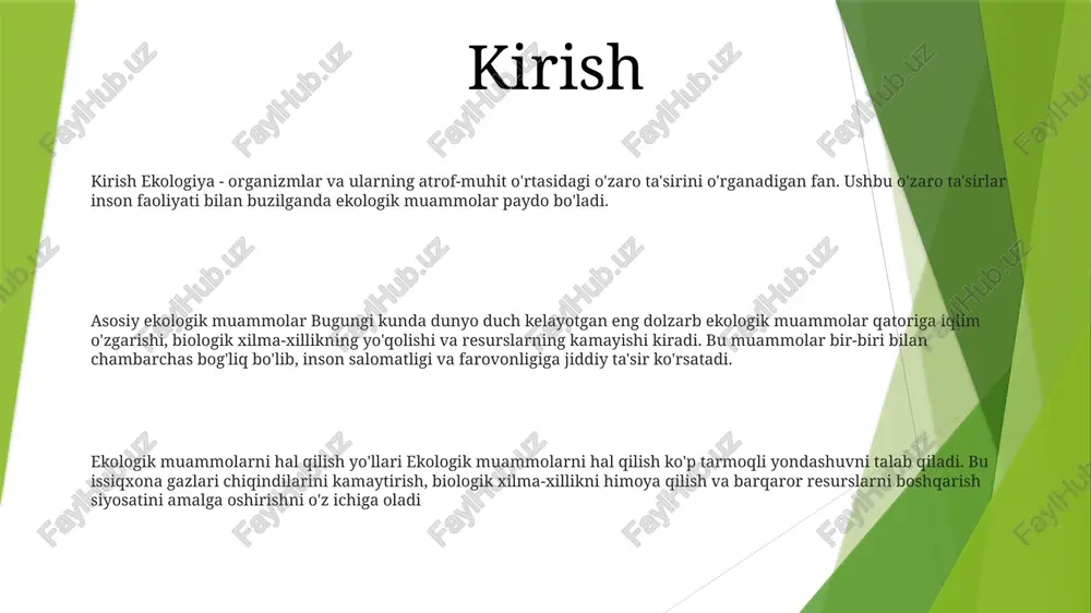 radi. bu muammolar biologik xilma-xillikning yo'qolishiga, oziq-ovqat xavfsizligiga tahdid va inson salomatligiga salbiy ta'sir ko'rsatishiga olib keladi. iqlim o'zgarishini yumshatish strategiyalari iqlim o'zgarishini kamaytirish uchun qazib olinadigan yoqilg'iga qaramlikni kamaytirish, qayta tiklanadigan energiya manbalarini rivojlantirish va energiya samaradorligini oshirish kabi strategiyalarni amalga oshirish kerak moslashuv chora-tadbirlari iqlim o'zgarishi ta'siriga moslashish uchun erta ogohlantirish tizimlari, ofatlarni boshqarish rejalari va qurg'oqchilik, suv toshqini va ekstremal harorat kabi hodisalarga chidamli infratuzilmalarni ishlab chiqish kerak suv tanqisligi er suvining ifloslanishi: bu qishloq xo'jaligi, sanoat va maishiy chiqindilar kabi inson tomonidan ishlab chiqarilgan ifloslantiruvchi moddalarning suv resurslariga aralashishi. suvsizlanish: bu suv manbalari yetarli boʻlmaganda yoki foydalanish imkoni boʻlmaganda yuzaga keladigan holat. suvdan ortiqcha foydalanish: barqaror darajadan yuqori suvdan foydalanish suv resurslarining kamayishiga olib kelishi mumkin. chiqindilarni boshqarish yechimlar: chiqindilarni kamaytirish strategiyalari, qayta ishlash, kompostlash, poligonlar va chiqindilarni energiyaga aylantirish texnologiyalari; xalq ta’limi va targ‘ibot ishlari. chiqindilarning turlari: organik va noorganik chiqindilar, shu jumladan maishiy chiqindilar, …