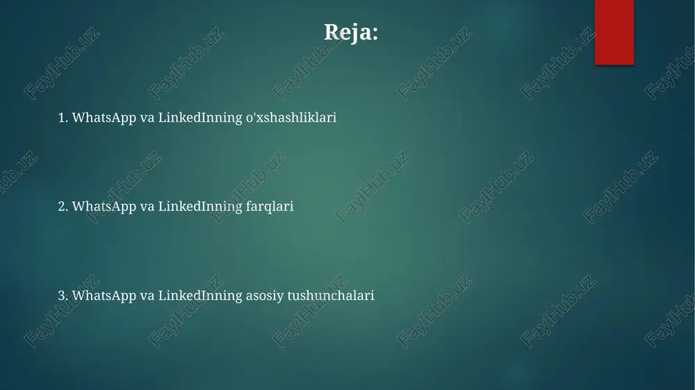 ilan tezkor xabar almashish, 1000 dan ziyod guruhda yangiliklarni tarqatish va samarqanddagi hamkorlar bilan loyihalarni muhokama qilish imkoniyatini beradi. ikkala platformaning afzalliklari va kamchiliklari linkedin global miqyosda 800 milliondan ziyod professionalni birlashtirib, ish izlash va tarmoqlash imkoniyatlarini beradi, ammo baʼzi mamlakatlarda, masalan, afgʻonistonda, foydalanuvchilar soni cheklangan boʻlishi mumkin va profillarni tekshirish jarayoni ancha murakkab. whatsappning afzalligi shundaki, u 2 milliarddan ortiq foydalanuvchiga ega boʻlib, dunyoning istalgan burchagidan, masalan, braziliyadan oʻzbekistongacha odamlar bilan tezkor aloqani taʼminlaydi, ammo uning kamchiligi korporativ muhit uchun mos emasligi hisoblanadi. ikkala platformaning ham maʼlumotlar xavfsizligi masalasi mavjud, whatsappda shaxsiy xabarlarning maxfiyligi, linkedin esa 100 millionlab foydalanuvchilar maʼlumotlarini saqlab, kiberxujumlarga nisbatan zaif boʻlishi mumkin. xavfsizlik va maxfiylik masalalari whatsapp 2021-yilda 2 milliarddan ortiq foydalanuvchiga ega bo'lib, shaxsiy ma'lumotlarning katta hajmini saqlaydi, shuning uchun kaliforniya shtatining qonunlariga muvofiq ma'lumotlarni himoya qilish muhim ahamiyat kasb etadi. linkedin, professional tarmoq sifatida, foydalanuvchilarning ish joylari va malakasi haqidagi ma'lumotlarni to'playdi va …