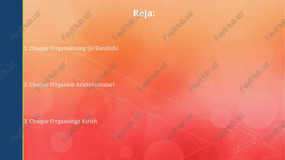 o'llaniladi va har bir sinf uchun 0 dan 1 gacha bo'lgan ehtimolliklarni beradi, ularning yig'indisi 1 ga teng. sigmoid va tanh kabi s shaklidagi aktivatsiya funksiyalari, -1 dan +1 gacha bo'lgan chiqish oralig'iga ega bo'lib, gradient yo'qolish muammosini keltirib chiqarishi mumkin, ayniqsa chuqur tarmoqlarda. chuqur o'rganishdagi muammolar chuqur neyron tarmoqlarda o'qitish jarayoni juda ko'p vaqt va hisoblash resurslarini talab qiladi, masalan, katta hajmdagi ma'lumotlar to'plamlarida o'qitish bir necha kun yoki hatto haftalar davom etishi mumkin. chuqur o'rganishda ma'lumotlarning haddan tashqari ko'pligi (overfitting) muammosi, modelning faqatgina o'quv ma'lumotlariga moslashib, yangi ma'lumotlarga noto'g'ri javob berishiga olib keladi, bu esa test aniqligida 10-20% ga pasayishga sabab bo'lishi mumkin. orqaga tarqatish algoritmi ushbu algoritm, gradient tushirish usulini qo'llab, xato funksiyasining gradiyenti bo'yicha 1000 dan ortiq iteratsiyalarni amalga oshirishi mumkin. orqaga tarqatish, chuqur neyron tarmoqlardagi 50 dan ortiq qatlamlarni o'qitishda ham samarali bo'lib, har bir qatlamda xatolarni tarqatadi va og'irliklarni moslashtiradi. konvolyutsion neyron tarmoqlari (cnn) …