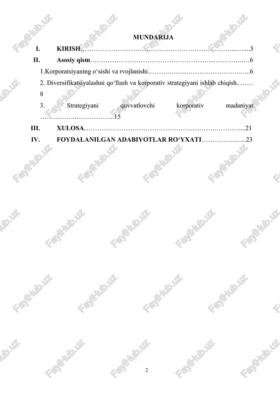 ishining bir necha asosiy sabablari bor: 1. bozor va iqtisodiy o‘zgarishlarga moslashish bugungi global iqtisodiyot tez o‘zgarayotganligi sababli, kompaniyalar faqat bitta soha yoki mahsulot turiga bog‘liq bo‘lsa, katta xavflarga duch kelishi mumkin. diversifikatsiya esa bu xavflarni kamaytirishga yordam beradi. 2. raqobatbardoshlikni oshirish. raqobat kuchaygan sari kompaniyalar yangi bozor segmentlariga kirish va innovatsion mahsulot yoki xizmatlarni taklif qilish orqali ustunlikka ega bo‘lishga intilmoqda. diversifikatsiya kompaniyaga yangi mijozlarni jalb qilish va raqobat-chilarga nisbatan mustahkam pozitsiyani egallash imkonini beradi. 3. texnologik taraqqiyot va innovatsiyalar. yangi texnologiyalar ba’zi tarmoqlarni tezda eskirishi yoki bozordan chiqib ketishiga sabab bo‘lishi mumkin. shuning uchun kompaniyalar o‘z faoliyat doirasini kengaytirib, texnologik o‘zgarishlarga moslashishlari zarur. 4. brend qiymatini oshirish. agar kompaniya turli sohalarda muvaffaqiyatga erishsa, uning brendi yanada mustahkamlanadi va iste’molchilarning ishonchi ortadi. gipoteza: diversifikatsiyalashgan korporativ strategiyani qo‘llaydigan kompaniyalar, bir yo‘nalishli strategiyani tanlagan kompaniyalarga nisbatan bozor o‘zgarishlariga nisbatan bardoshlilikda yuqori darajadagi barqarorlik va rentabellikka erishadilar. ushbu gipoteza shuni ilgari suradi-ki, …