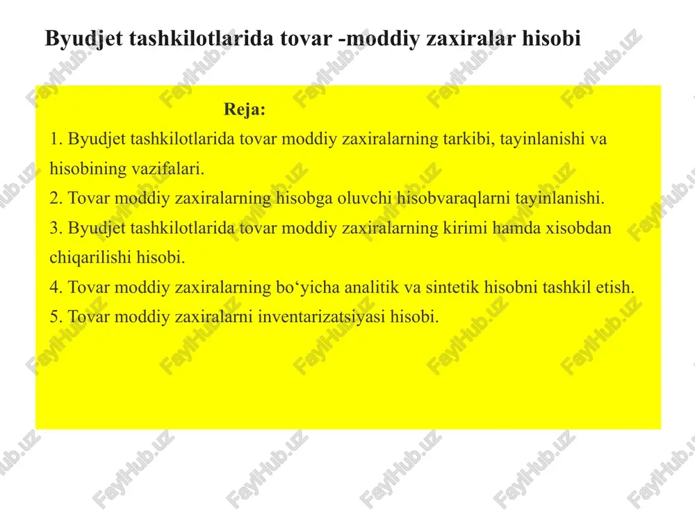 a”. 2018. – 278 b. 10.mehmonov s.u., kulibayev a.sh. byudjet tashkilotlarining byudjetdan tashqari jamg‘armalari hisobi. o‘quv qo‘llanma. “iqtisod moliya”. – t.: 2018. 217 b. qo’shimcha adabiyotlar: 11.“o’zbekiston respublikasini yanada rivojlantirish bo’yicha harakatlar strategiyasi to’g’risida”gi o’zbekiston respublikasi prezidentining 2017 yil 7 fevraldagi pf-4947-sonli farmoni. 12.mirziyoyev sh.m. buyuk kelajagimizni mard va olijanob xalqimiz bilan birga quramiz. – toshkent: “o’zbekiston” nmiu, 2017. – 488 b. 13.mirziyoyev sh.m.tanqidiy tahlil, qat’iy tartib-intizom va shaxsiy javobgarlik – har bir rahbar faoliyatining kundalik qoidasi bo’lishi kerak. – toshkent: “o’zbekiston” nmiu, 2017. – 104 b. 14.mirziyoyev sh.m. erkin va farovon, demokratik o’zbekiston davlatini birgalikda barpo etamiz. – toshkent: “o’zbekiston” nmiu, 2017. – 56 b. 15.mirziyoyev sh.m. qonun ustuvorligi va inson manfaatlarini ta’minlash – yurt taraqqiyoti va xalq farovonligining garovi. – toshkent: “o’zbekiston” nmiu, 2017. – 48 b. 16.toshmuxamedova d.a. byudjet g‘azna ijrosi. o`quv qo`llanma. – t.: “iqtisod-moliya”. 2019. – 430 b. 17.makarand a.paithankar. public budgeting theory and practice. …
