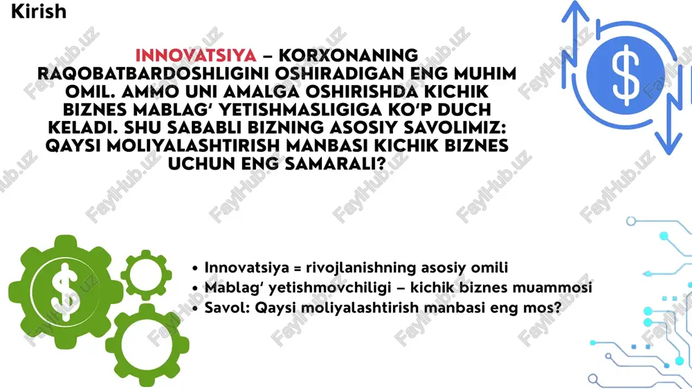 li moliyalashtirish ✅ kapital qaytarilmaydi ✅ tajriba va aloqalar ❌ ulush berish zarur ❌ qaror qabul qilish erkinligi kamayadi investor yoki venchur kapital mablag‘ni qaytarishni talab qilmaydi. bundan tashqari, ular korxonaga tajriba, maslahat va bozor aloqalarini olib keladi. lekin investor korxonadan ulush talab qiladi va bu qaror qabul qilishda mustaqillikni kamaytiradi. mustaqillik – kreditda bor, investorda yo‘q xavf – kreditda yuqori, investorda pastroq moliyaviy yuk – kreditda ko‘p, investorda yo‘q resurs – kreditda faqat pul, investorda bilim va aloqalar pastroqda ko’rsatganimizdek kredit va investitsiya taqqoslangan. kredit korxonani mustaqil qiladi, ammo moliyaviy yuk katta. investor esa moliyaviy riskni kamaytiradi va qo‘shimcha bilim, aloqalarni olib keladi, lekin ulush talab qiladi. kredit va investor taqqoslanishi grantlar – kichik biznes uchun eng qulay manba. u qaytarilmaydi, lekin mablag‘dan foydalanish qat’iy nazorat qilinadi. asosan innovatsion va ijtimoiy ahamiyatli loyihalar qo‘llab-quvvatlanadi. shu sababli grantga topshirish uchun raqobat juda kuchli bo‘ladi. grantlar qaytarilmaydi hisobot majburiy innovatsion, ijtimoiy …