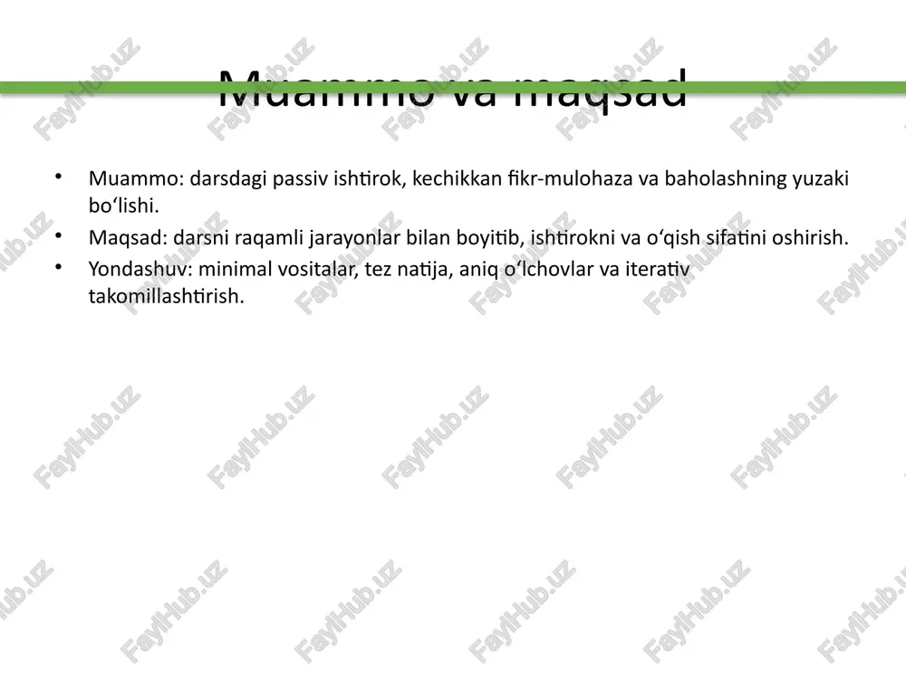 ishlari. sifat: rubrika ballari, peer-review izohlarining foydaliligi. iteratsiya: “nol ishtirok” kamayishi, qayta topshirish samaradorligi. vaqt jadvali — 4 haftalik pilot hafta faoliyat natija 1-hafta lms tuzilmasi, qr shablonlari, rubrikalar ishga tayyor kurs oynasi 2-hafta pilot dars (1-guruh); xatolar tahlili tuzatishlar ro‘yxati 3-hafta kengaytirilgan dars (2–3 guruh) ishtirok va sifat ko‘rsatkichlari 4-hafta analitika, hisobot, iteratsion reja keng joriy etish uchun yo‘l xaritasi jarayon diagrammasi maqsad/mezon diagnostika (qr) mini-mazmun amaliyot (padlet) peer-review exit-ticket analitika/iteratsiya resurslar va shablonlar (tayyorlab qo‘yiladi) qr/forms: mini-quiz, exit-ticket (3-2-1) shablonlari. padlet: devor maketi (yo‘riqnoma, izoh etiketi). rubrika: ishtirok/mazmun/dalil/hamkorlik/vaqt boshqaruvi. /docprops/thumbnail.jpeg