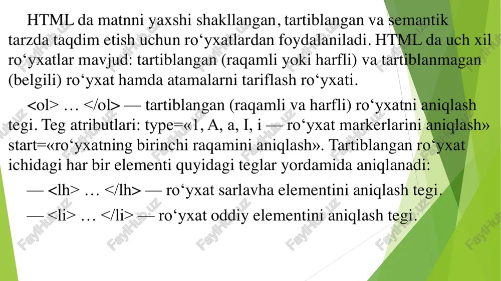 uhandislik dasturlari o'rnatilgan tizimlar yoki bilan matnni kiritish mumkin. farqi shundaki, ni ichiga ma’lumotni kirgizilsa yozilgan ma’lumot xat boshida bo’ladi. jadvallar-bu web sahifalarda maʼlumotlarni (vizual) tashkil qilishning muhim vositalaridan biridir. bizga maʼlumki htmlda, bezatish elementlarini aniq koordinatalar boʻyicha joylashtirish vositalari mavjud emas. shuning uchun jadvallardan shu maqsadda foydalanish maqsadga muvofiq. jadvallarni web sahifaga joylashtirib, ularning kataklariga bezatish elementlarini joylashtirish mumkin. bundan tashqari yana freymlar deb ataluvchi vositalar yordamida ham bu ishlarni amalga oshirish mumkin. lekin bu vosita oxirgi vaqtlarda web masterlar orasida oʻz ommaviyligini yoʻqota boshladi. biz freymlarga keyingi maʼruzamizda batafsil toʻxtalamiz. jadvallardan toʻlaligicha foydalanish qoidalarini bilish uchun ularning tuzilishini yaxshi bilish talab qilinadi. jadval tuzishda ishlatiladigan teglarni tasniflashdan avval, oddiy jadval tuzish sxemasi bilan tanishib chiqsak. har qanday jadval quyidagi sxema boʻyicha tuziladi: har qanday jadvalda qatorlar va ustunlar mavjud boʻladi. jadvalning boʻlakchalarida (yacheyka) esa axborot kiritilishi mumkin. yuqorida keltirilgan misoldan koʻrinib turibdiki, bitta ustun, bitta qator va bitta …