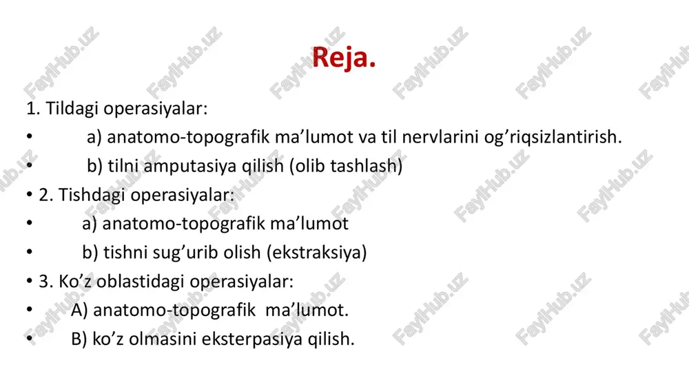 tamonidan kirgizib yuqoriga 1-1,5 sm ko’tariladi 15 ml 3% novokain eritmasi yuborilib turiladi. • ignani teri ostigacha sug’irib pastki jag’ suyagini ichki yuzasi tomon yunaltiriladi 15 ml 3% novokain eritmasi yuboriladi, xar ikkala tomonga xam. tilni amputasiya qilish • ko’rsatma – usma va shikastlanishda • og’riqsizlantirish – til nervlarishi blokadasi mayda hayvonlarda – narkoz. • texnikasi – hayvon yotgan xolatda fiksasiya qilinadi; og’iz bo’shlig’i antiseptik eritma bilan yuviladi. til og’iz bo’shlig’idan tashqarida qo’l bilan fiksasiya qilinadi. shikastlangan qismi olib tashlanadi, qon oqishi to’xtatilinadi va sirtmoqsimon yoki tugunsimon chok quyiladi. og’iz bo’shlig’i 1:1000 nisbatan kaliy permanganat eritmasi bilan xar kuni yuviladi. chok ketgutdan qo’yiladi. tishdagi operasiyalar tish og’iz bo’shlig’ida joylashib, ovqatni hazm qilish organiga kiradi. tish ikki qismidan iborat ildiz va karonka. tish emal va dentin qavatlaridan iborat. tishlar quyidagilarga bo’linadi: uzun koronkali, ko’rak tishlar, oziq ya’niy yirtqich, kichik jag’ tishlar, katta jag’ tishlar. yirik shoxli mollarda 32 tish, itlarda 40, …
