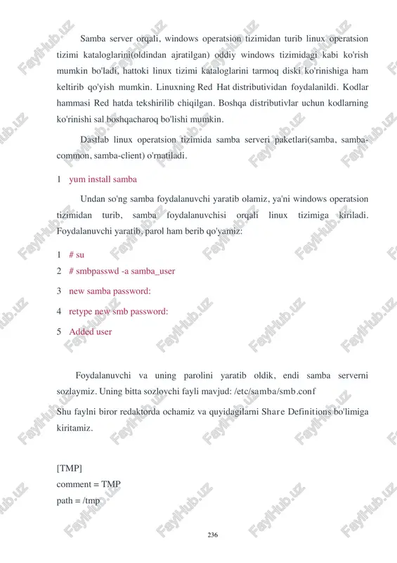 a quyidagilarni share definitions bo'limiga kiritamiz. [tmp] comment = tmp path = /tmp 237 writeable = yes guest ok = yes tahlil qilamiz: comment — ilova, istalgan so'z yoki gap bo'lishi mumkin. path — linux tizimidagi qaysi katalogni windows imi orqali ko'rish kerakligini ko'rsatamiz. writable — shu katalogga yozishga ruxsat. guest ok — istalgan samba foydalanuvchisi billan kirish mumkin. yuqoridagilarga quyidagilarni ham qo'shish mumkin: valid users = test(faqat test foydalanuvchisi tizimga samba orqali kira oladi) write list = users1(users1 foydalanuvchisi samba katalogga yoza oladi) yuqorida samba serverni sozlovchi faylining asosiy parametrlarini ko'rsatib o'tdim, serverni chuqurroq sozlamoqchi bo'lsangiz boshqa parametrlariga ham e'tibor bering(ularni internetdan ktopib olasiz). samba server tayyor bo'ldi, endi uni ishga tushiramiz: 1 # service smb start yoki slujbadan smb xizmatini yoqib qo'yamiz. «start» o'rnida «stop«, «restart» komandalari ham bo'lishi mumkin, mos ravishba serverni to'xtatadi yoki qayta yuklaydi. endi windows kompyuterdan linux tizimining «ip» adresini terib «samba»ga ulanasiz va …
